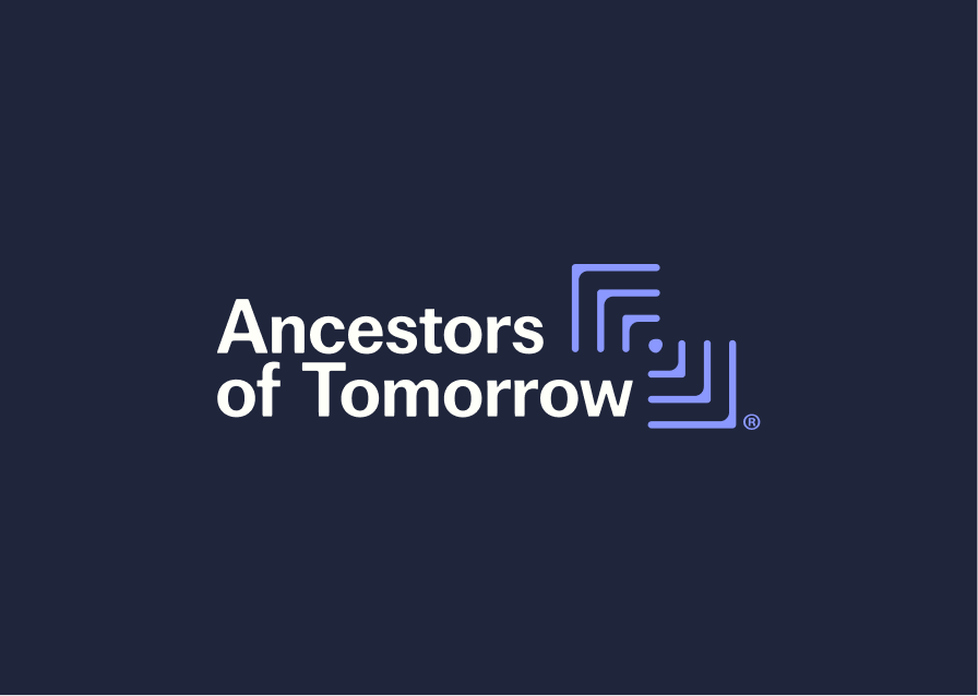 Ancestors of Tomorrow logo with stylized blue and purple lines on a dark background.