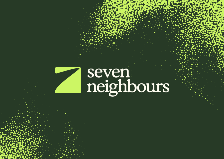 Seven Neighbours logo with dark green background and light green dotted pattern.