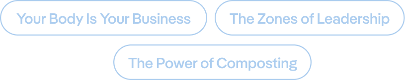 Three phrases in blue outlined boxes: "Your Body Is Your Business," "The Zones of Leadership," and "The Power of Composting."