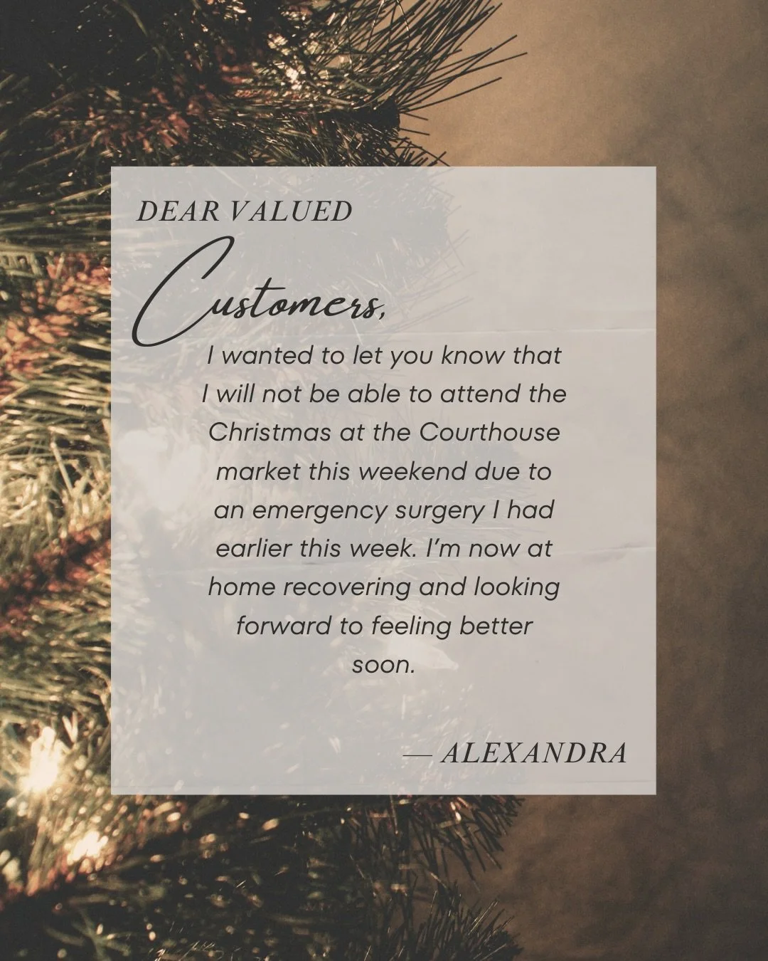 My holiday market season was brought a little short due to an emergency surgery earlier this week. I am now home recovering and doing well. 
Thank you to the wonderful team @royalinlandhospital for your care and attention.