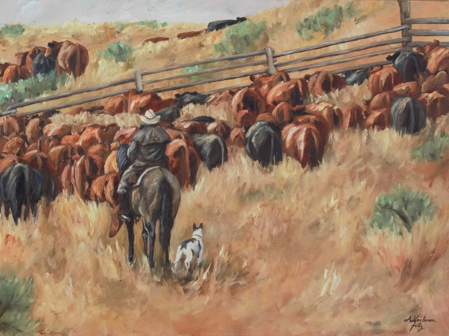 &ldquo;The grass ain&rsquo;t always greener.&rdquo;
Sometimes it&rsquo;s just familiar land, well-known work, and the quiet faithfulness of staying.

This painting is a nod to ranch life as it really is&mdash;dusty, steady, and deeply rooted.
The kin