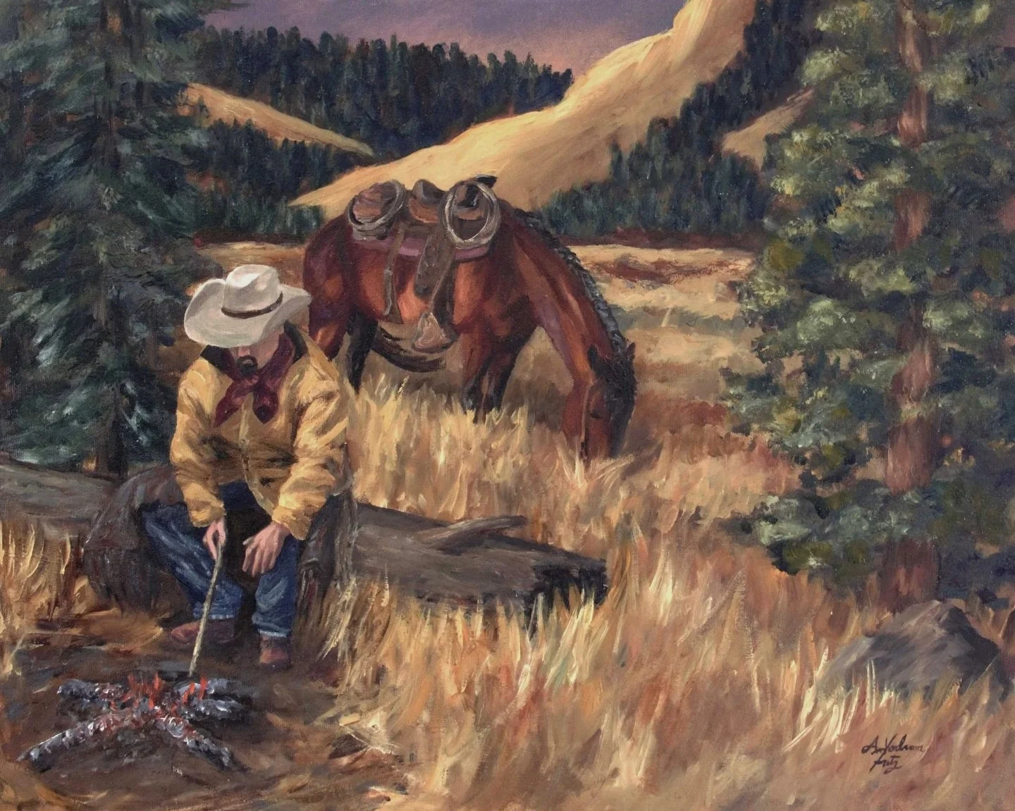 &lsquo;All in Good Time&rsquo; captures a quiet dawn on the ranch &mdash; a cowboy beside a crackling fire, taking a moment before the day&rsquo;s cattle gathering begins.

I painted this piece to honour the patience found in ranch life, and the unde