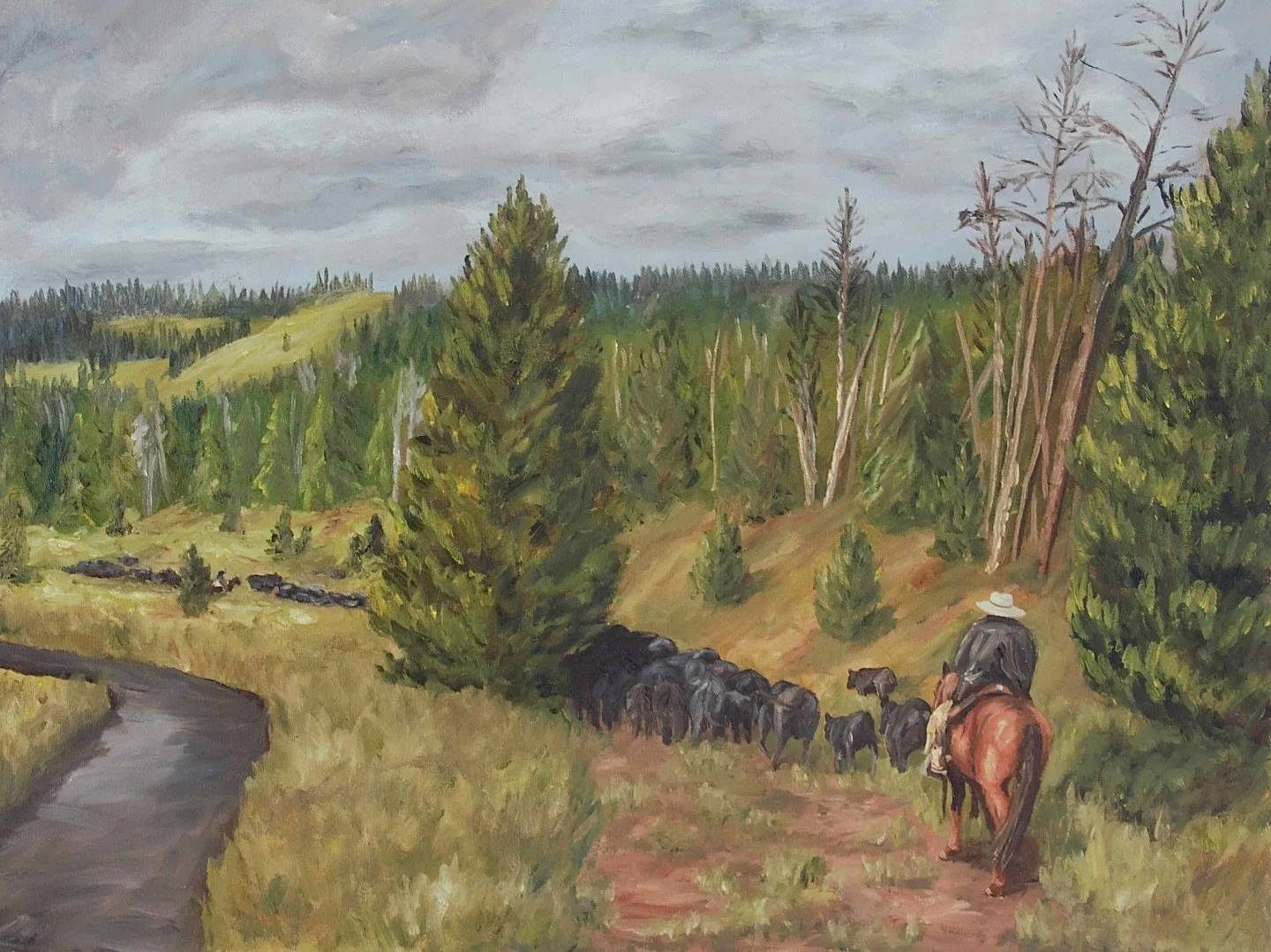 &lsquo;Weathering the Bend.&rsquo;
A quiet moment of resolve&mdash;moving cattle along the creek as the weather turns. This piece is about resilience, stewardship, and the steady work of showing up, even when the sky says otherwise.

Currently instal
