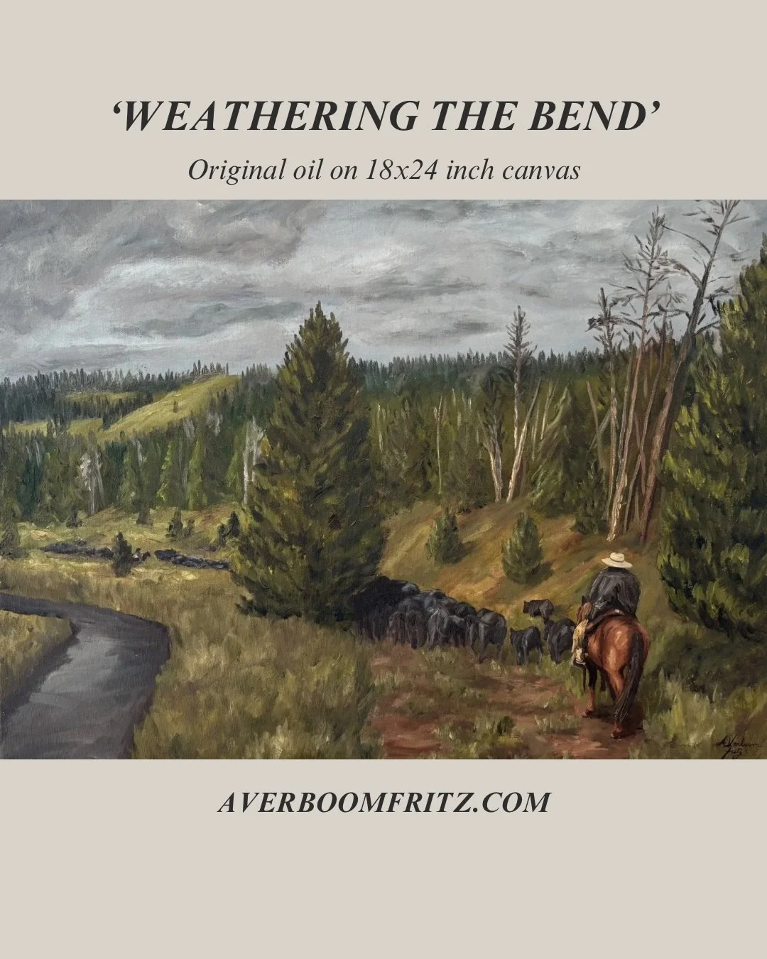 Inspired by a stormy day near Fosberry Cowcamp on the Gang Ranch, &lsquo;Weathering the Bend&rsquo; explores the resilience required to keep moving through rough country &mdash; even when the weather turns against you.

I wanted the landscape to carr