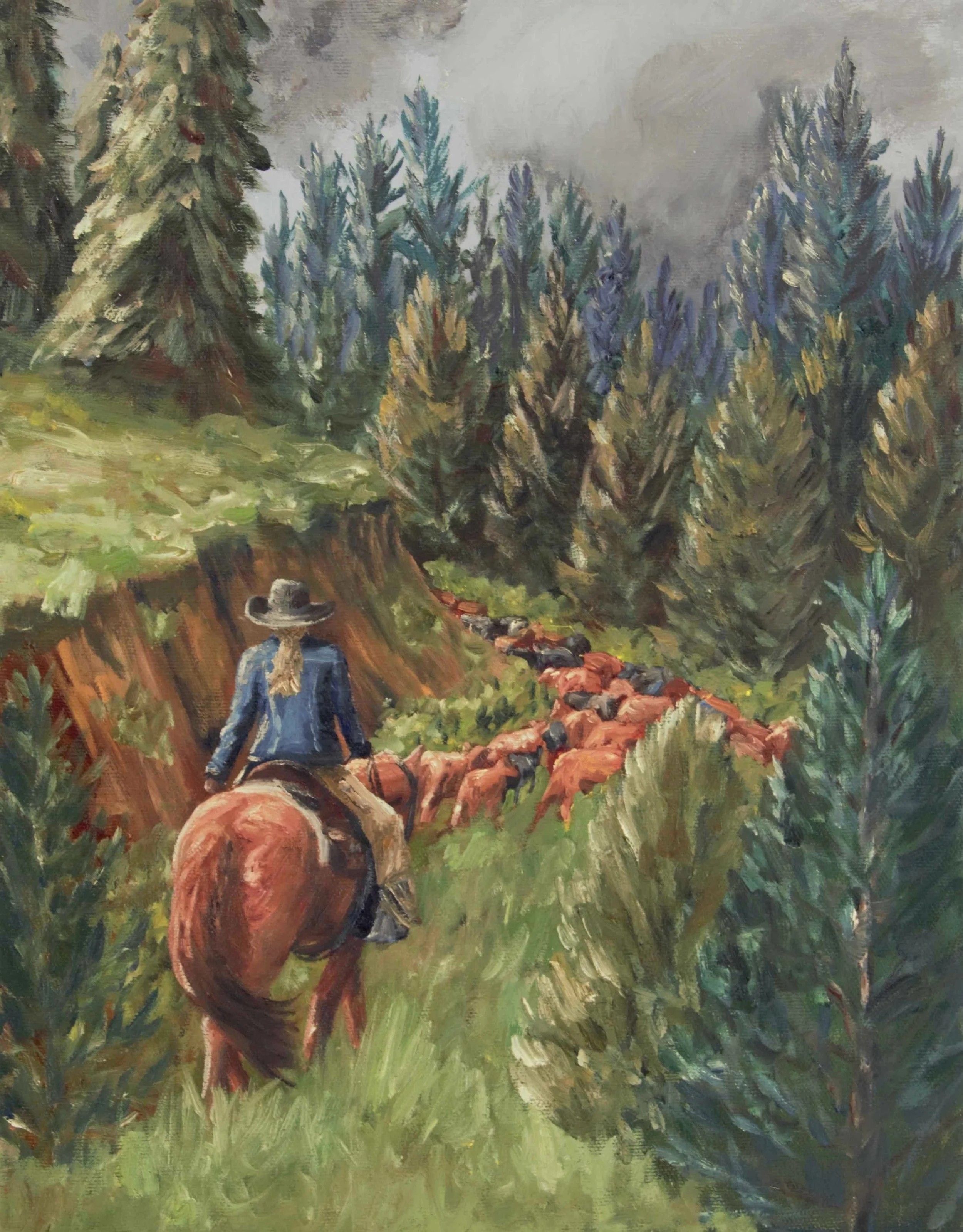 Sometimes the trail disappears before it reveals where it&rsquo;s leading.

&ldquo;Where the Trail Turns&rdquo; was inspired by those quiet moments in the bush when horse, rider, and cattle all seem to move as one through rough country &mdash; trusti