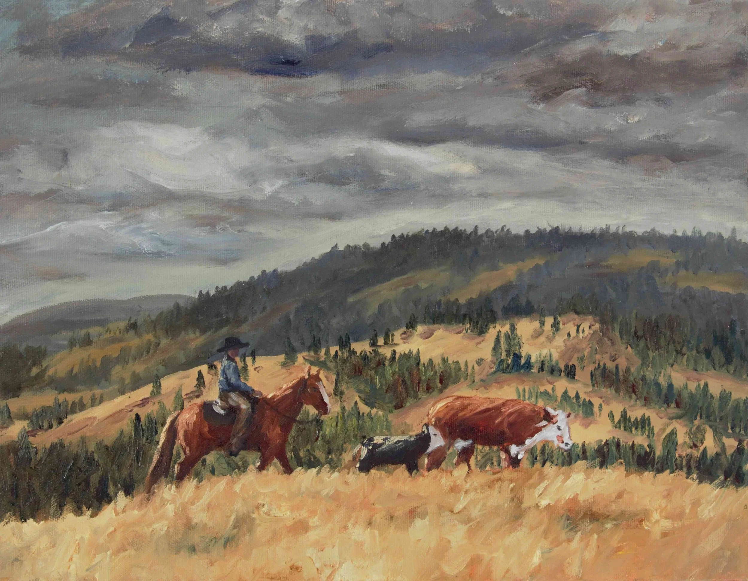 A painting of a cowboy riding a horse through a golden field, accompanied by a cow and calf, with rolling hills and a cloudy sky in the background.