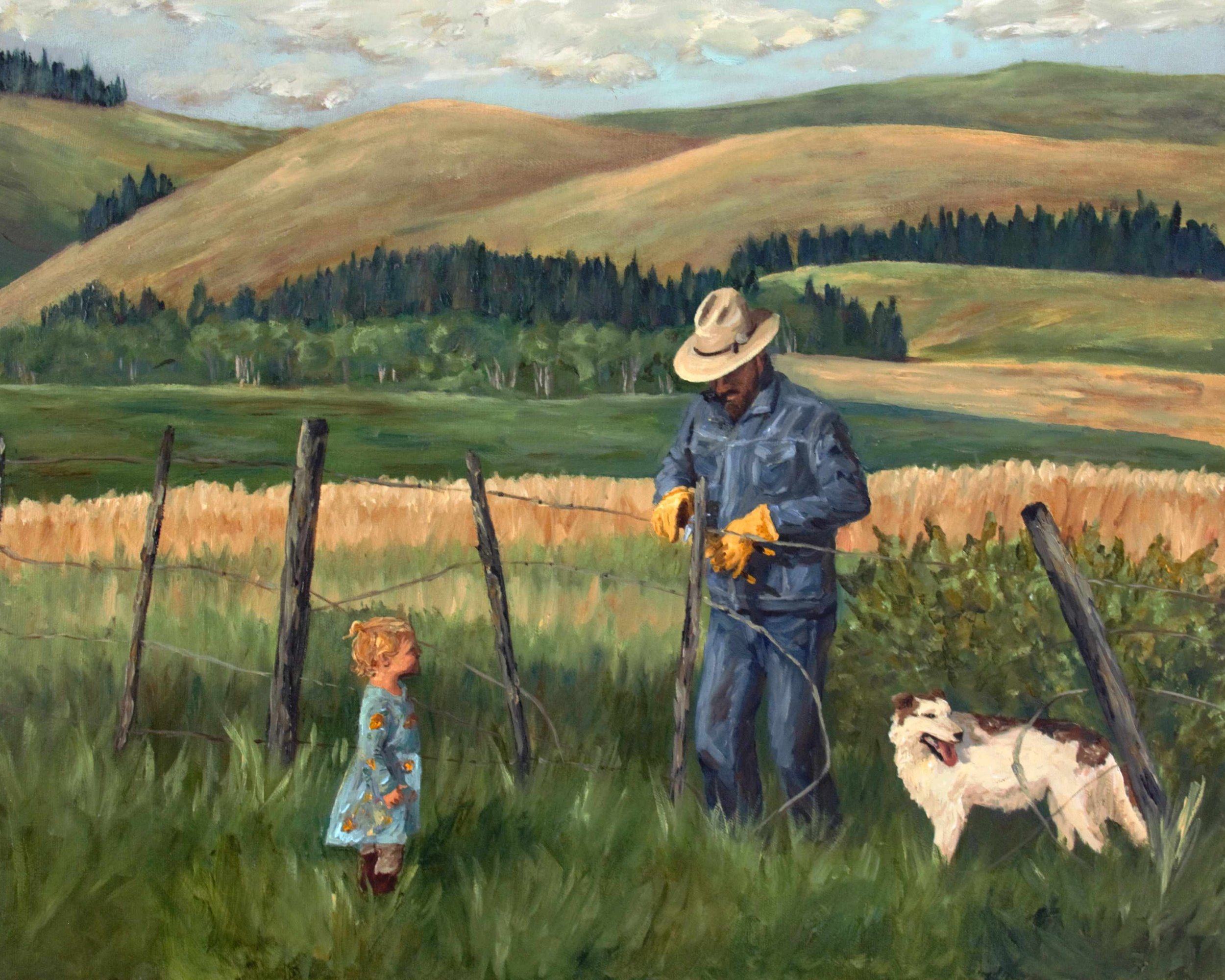 A man wearing a wide-brimmed hat, yellow gloves, and denim clothing leaning on a fence with a dog nearby, while a young girl in a blue dress with flower patterns and brown boots stands looking at him, in a lush green landscape with rolling hills and mountains in the background.