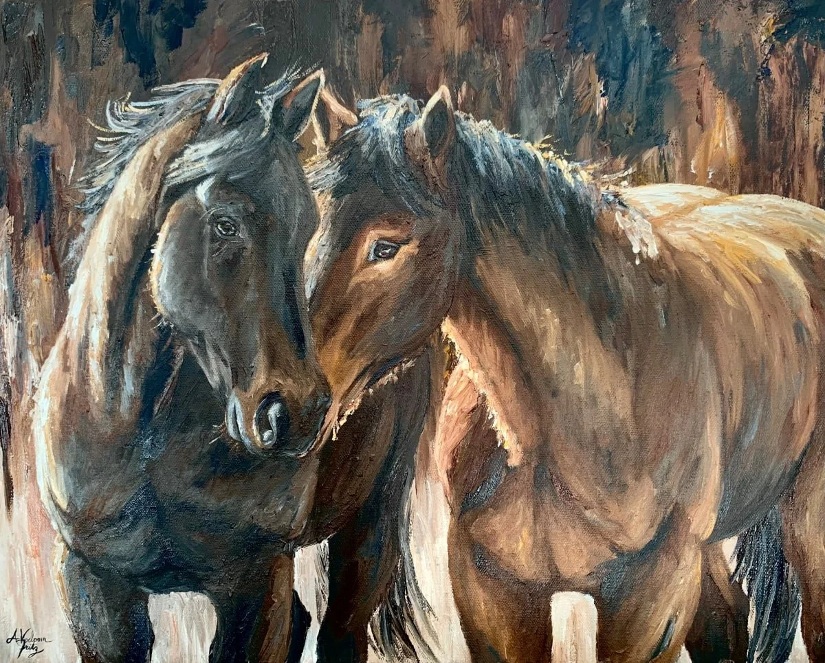 Painting of two horses with their heads close together, displaying detailed brushstrokes and warm earth-tone colors.