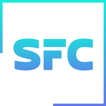 Logo with the letters 'SFC' in blue, enclosed in a black square with a cyan border.