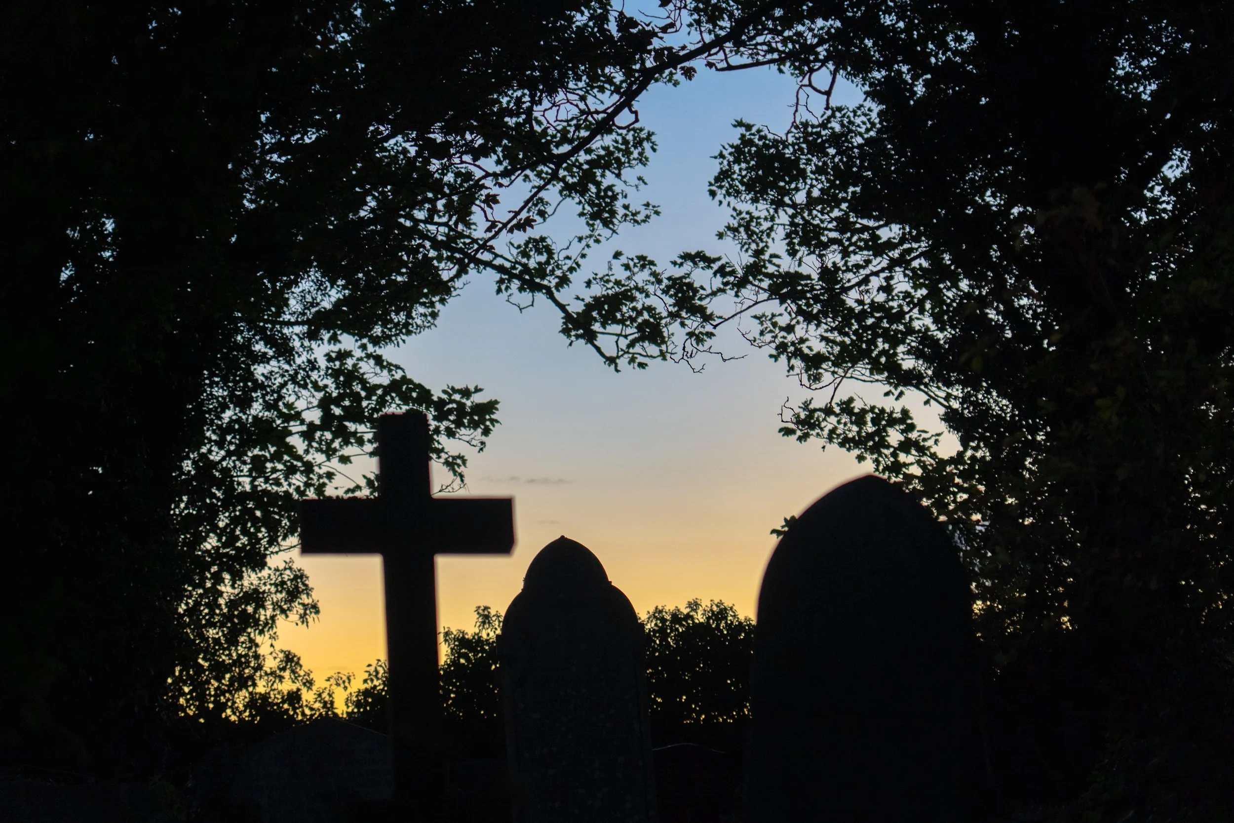 Silhouettes of gravestones and a cross in a cemetery at sunset, surrounded by trees with branches and leaves.