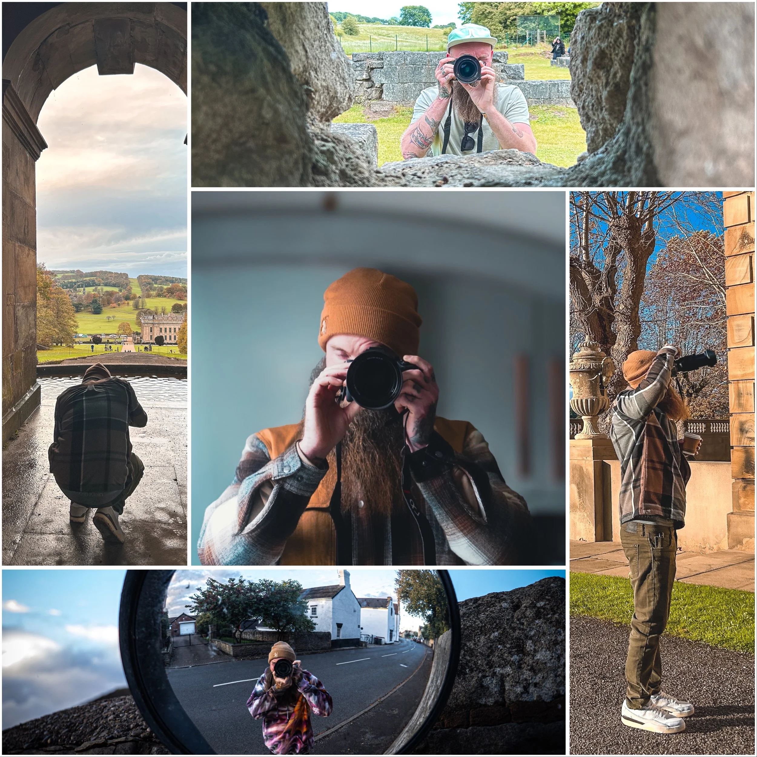 A collage of several photos of a person taking selfies and pictures of their surroundings with a camera. The photos include scenes of outdoor landscapes, trees, buildings, and the person wearing various outfits and accessories such as hats and sweaters.