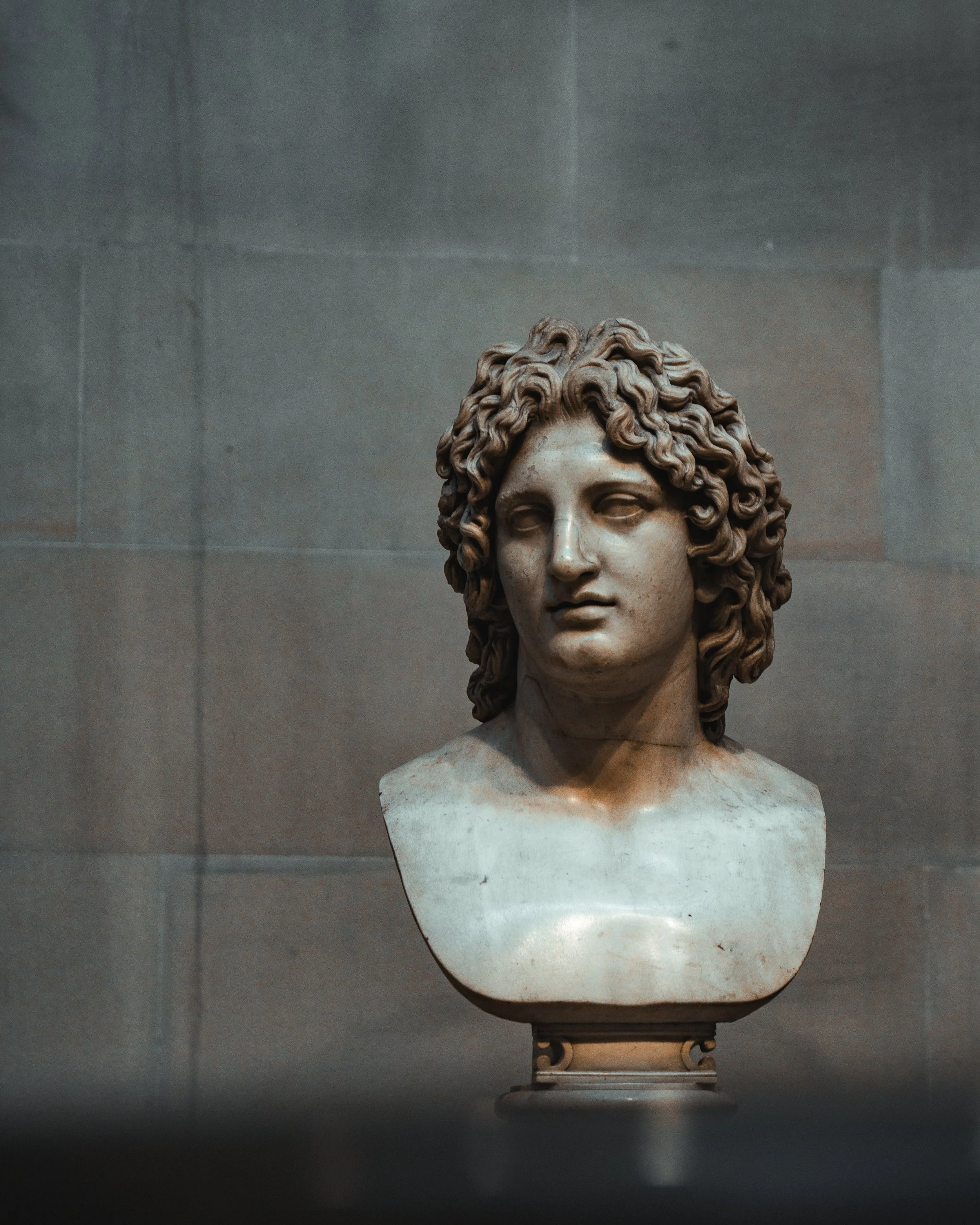 Marble bust of a male with curly hair on a pedestal against a gray stone wall.