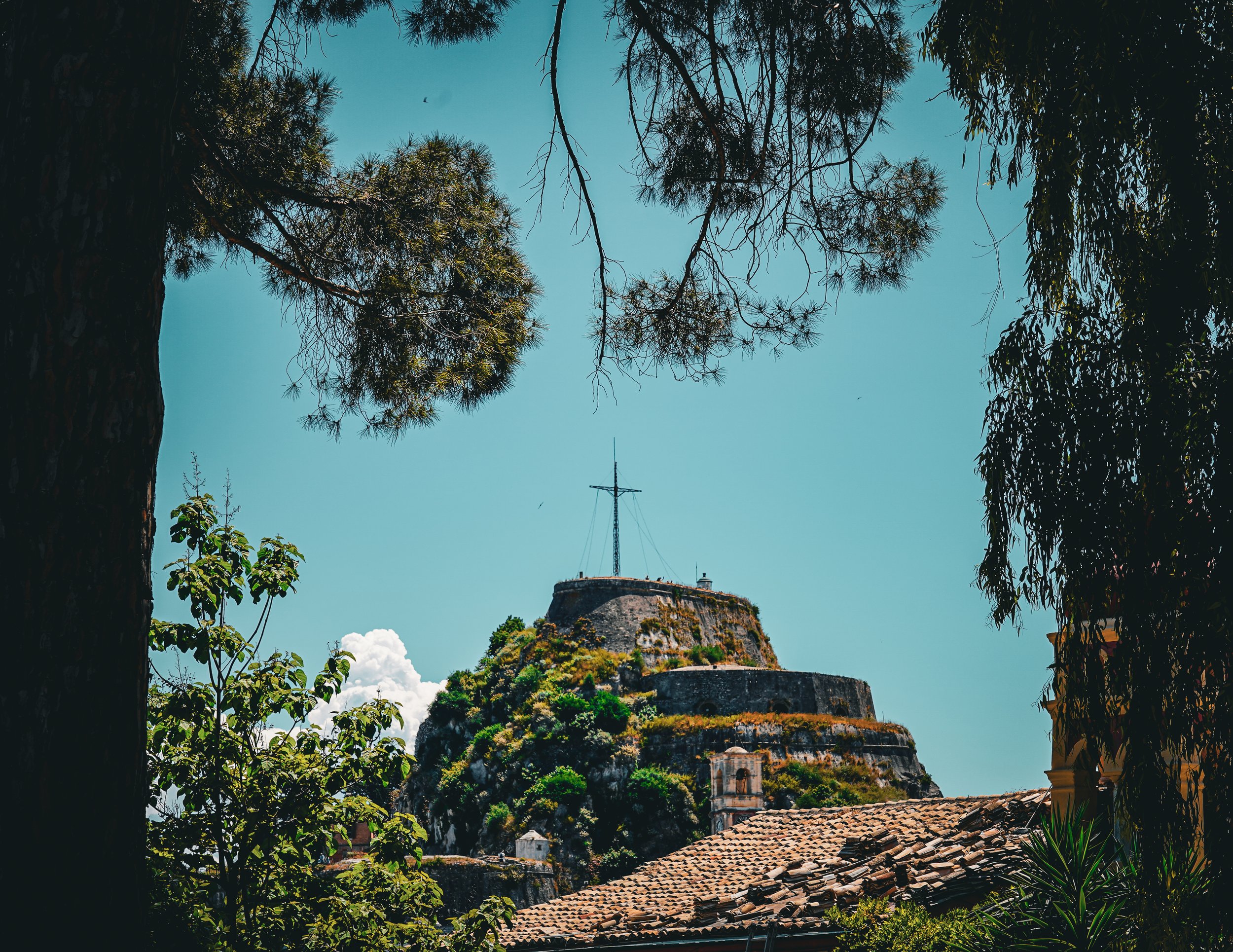 View of a historic fortress on a hilltop surrounded by trees, with rooftops in the foreground and a bright blue sky.