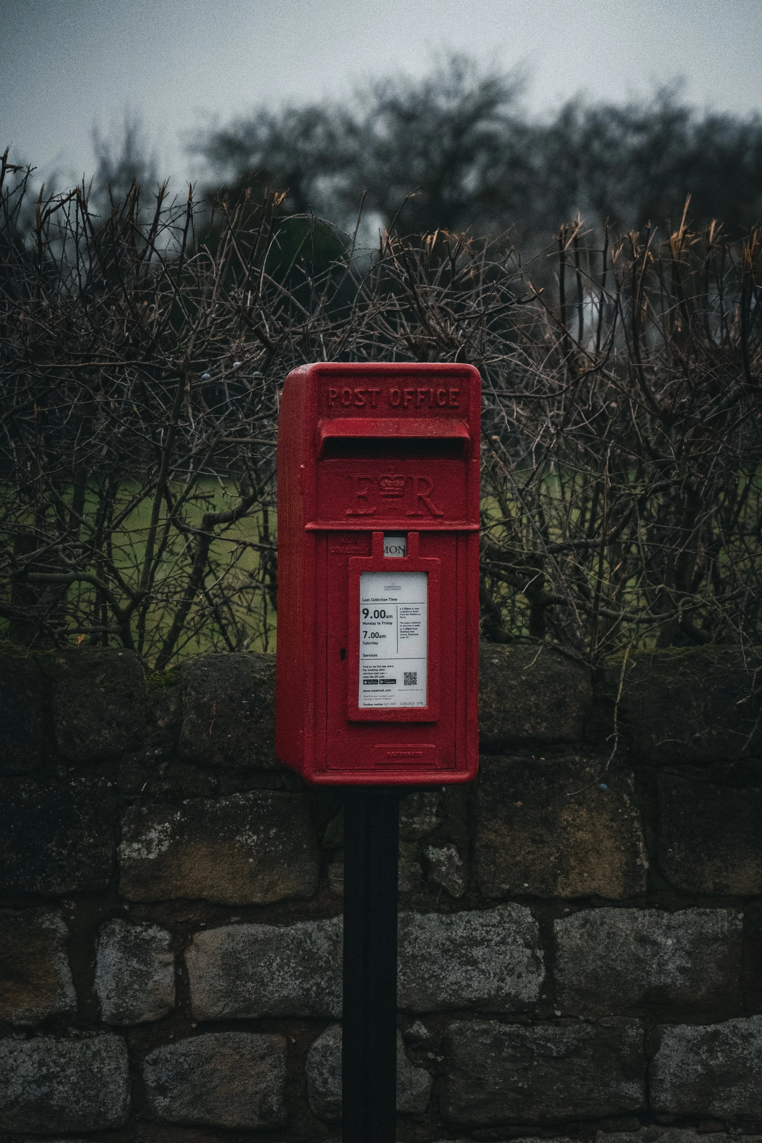 A red postal box mounted on a black pole in front of a stone wall with leafless bushes and trees in the background, taken during overcast weather.