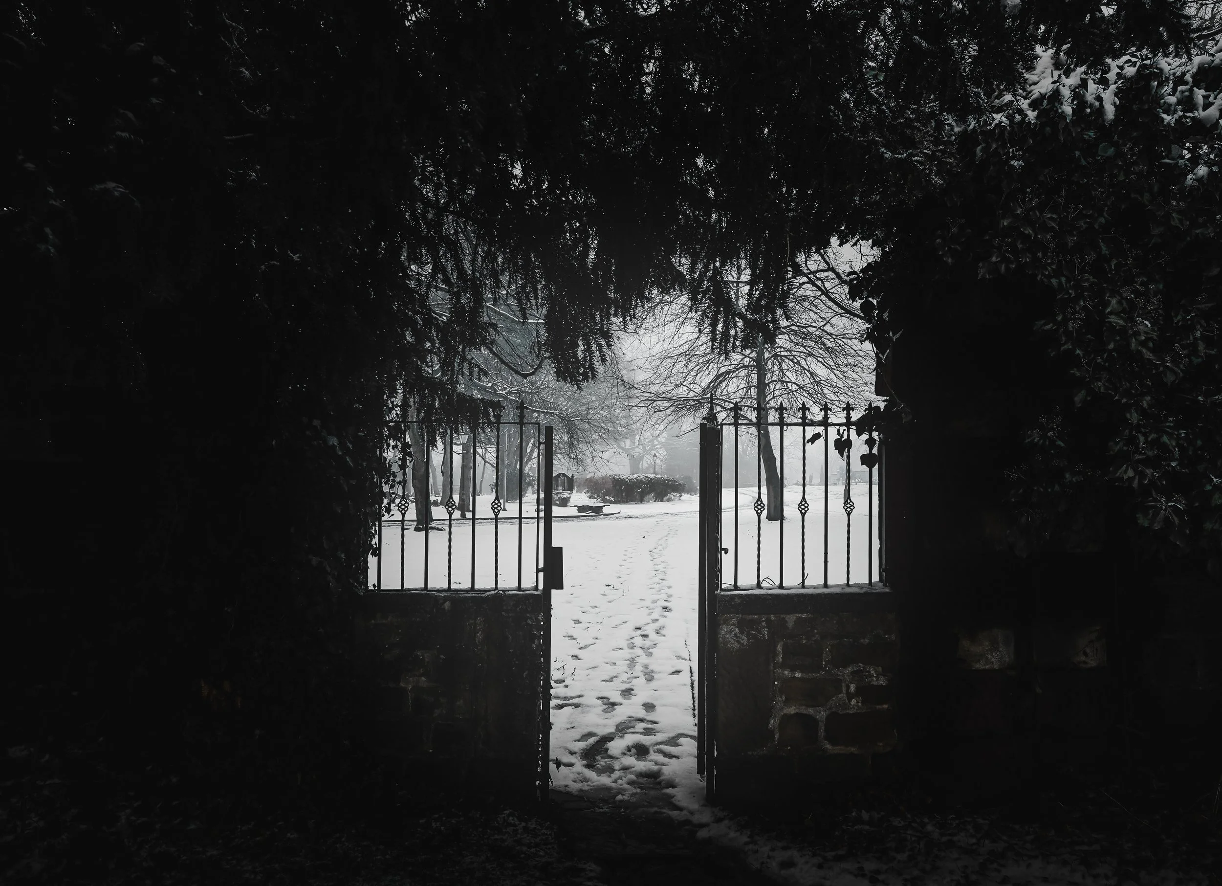 Snow-covered park viewed through a wrought iron gate, with footprints in the snow and trees in the background.
