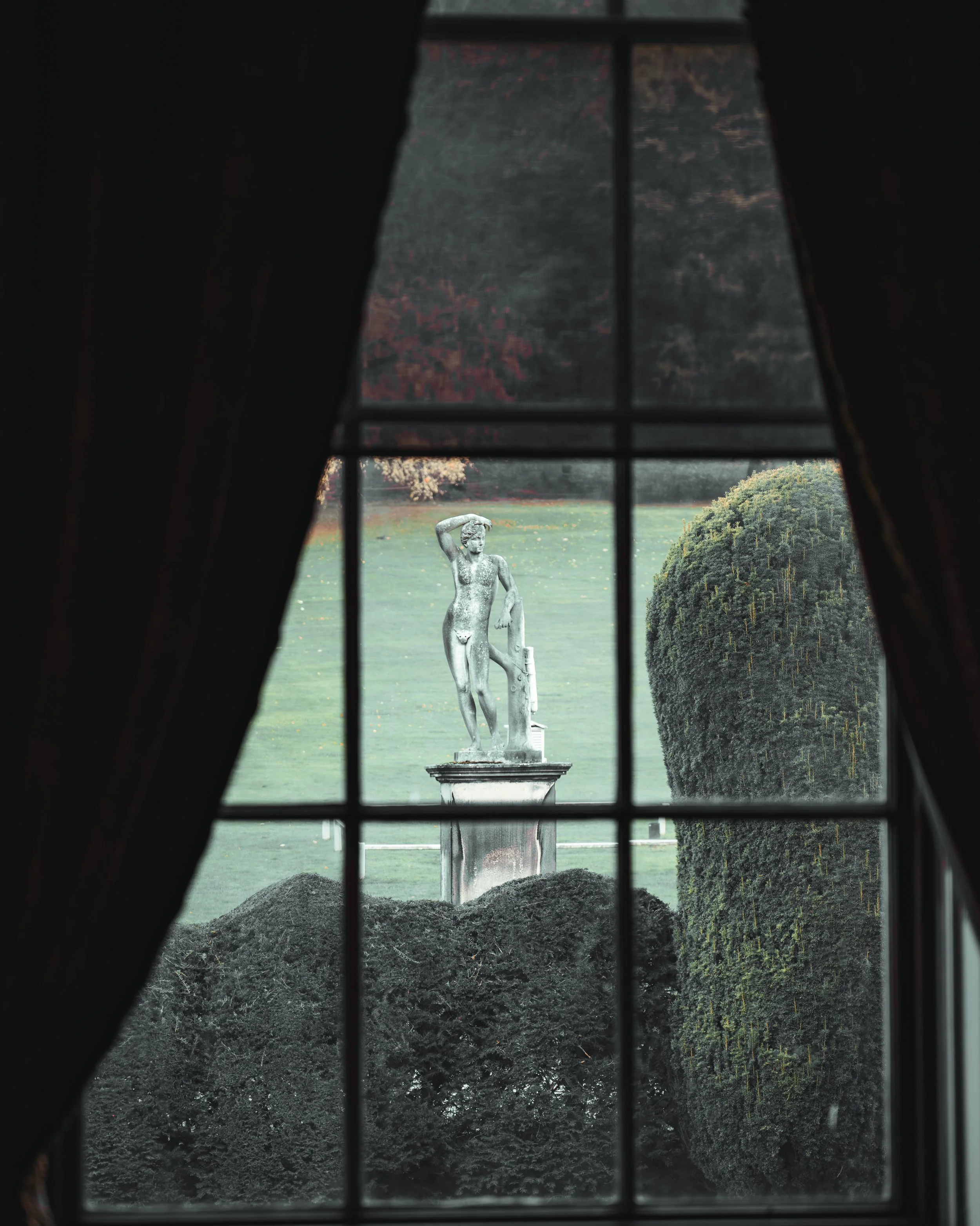 Garden viewed through a window with dark curtains, showing a classical statue of a nude male figure, large moss-covered stones, and trimmed bushes in a park.