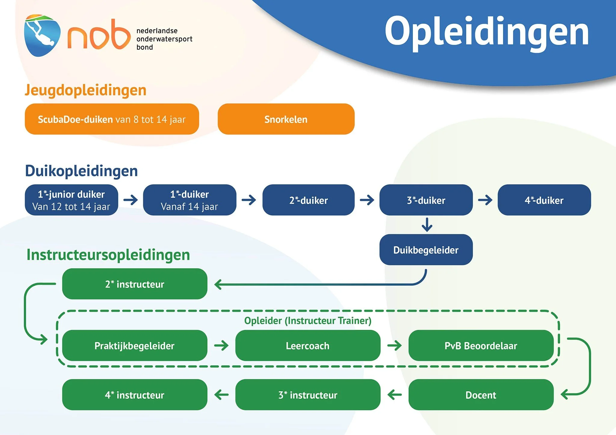 Diagram met opleidingen voor duik- en instructeurs, inclusief niveaus en doorgroeimogelijkheden, met logo van het Nederlands Onderwatersport Bond (NOB) in de linkerbovenhoek.