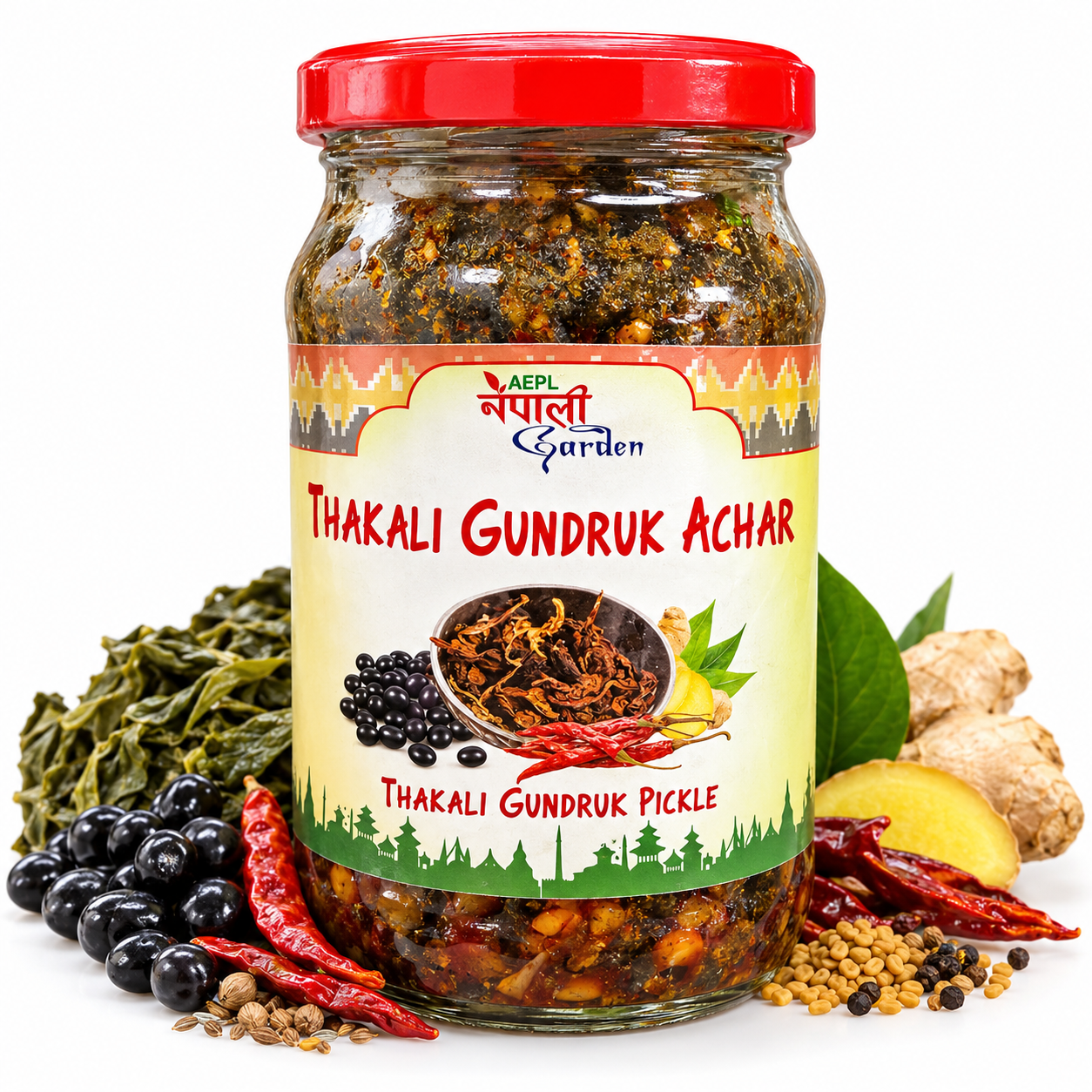 Thakali Gundruk Pickle Jar with Ingredients.png