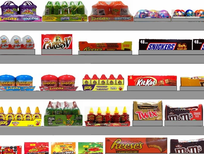 Three digital display stands with promotional content in a minimalist setting. The left stand shows a red and white graphic, the middle stand displays images of food labeled 'Fresh Catch Fridays,' and the right stand features a blue graphic with empty wire baskets below.