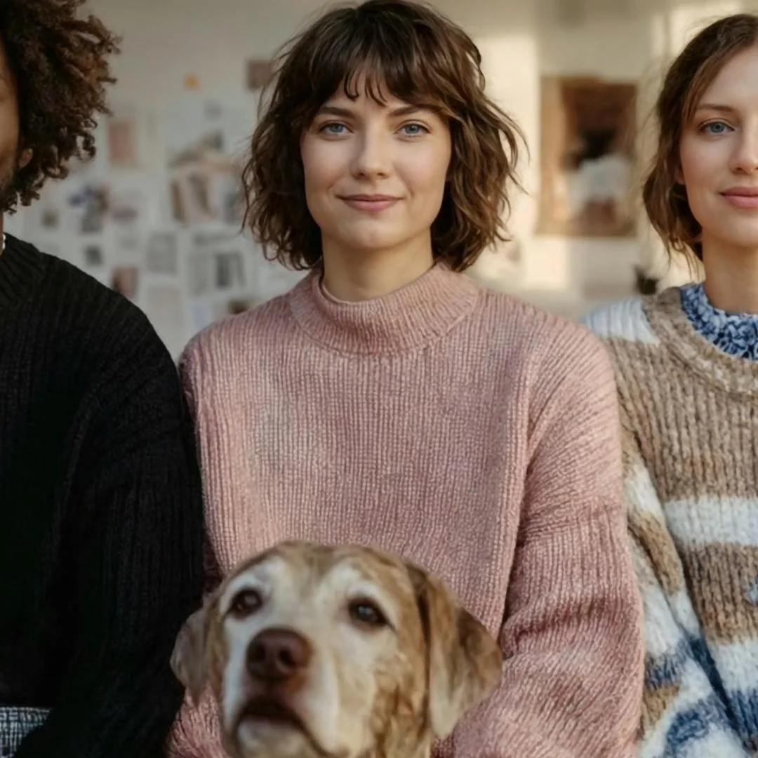 A group of people, including a woman with curly brown hair and a pink sweater, sitting indoors with a dog in front of her, in a cozy setting with blurred background.