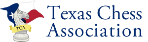 Logo of the Texas Chess Association, featuring a chess piece with a Texas flag design and a banner reading 'TCA'