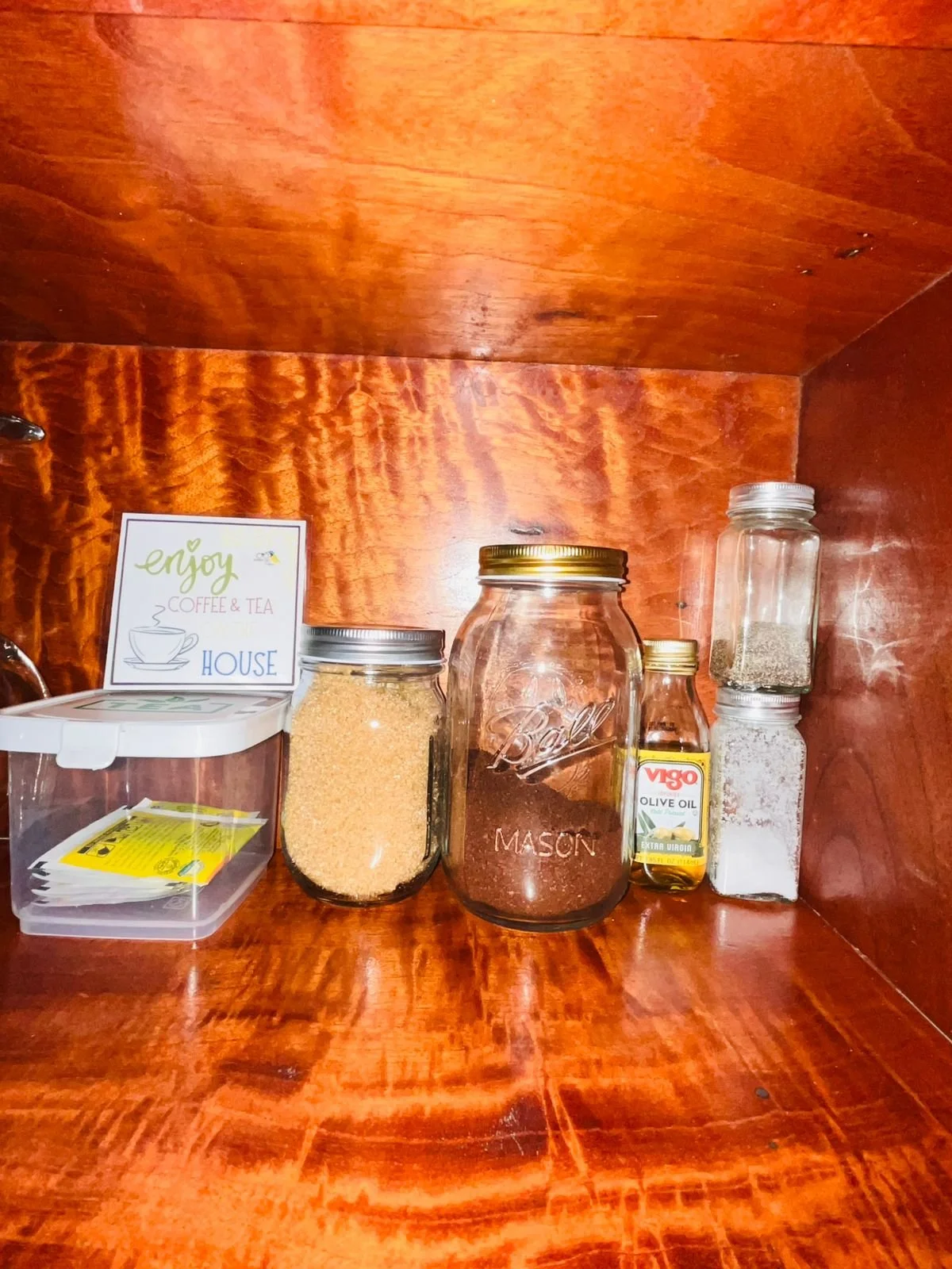 Kitchen - from the house - coffee, tea, sugar, oil, black pepper, and salt