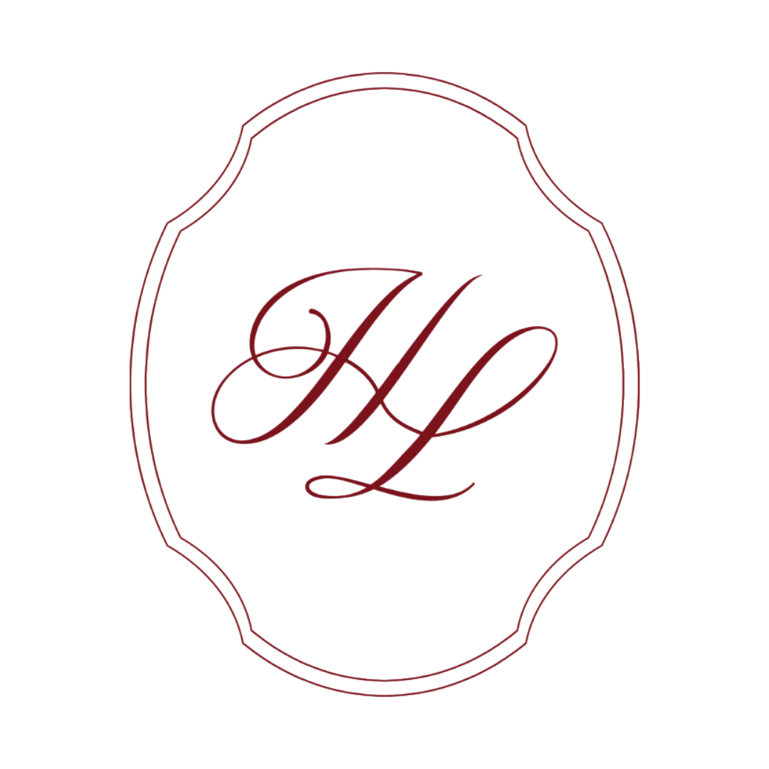 Elegant red brandmark with a red border and the initials 'HL' in cursive inside.