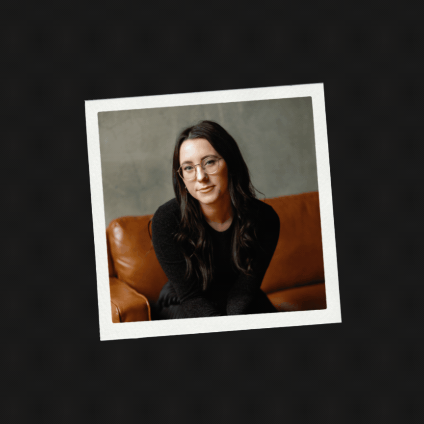 A gif of a Tennessee photographer with long dark hair and glasses sitting looking at the camera, with various backgrounds.