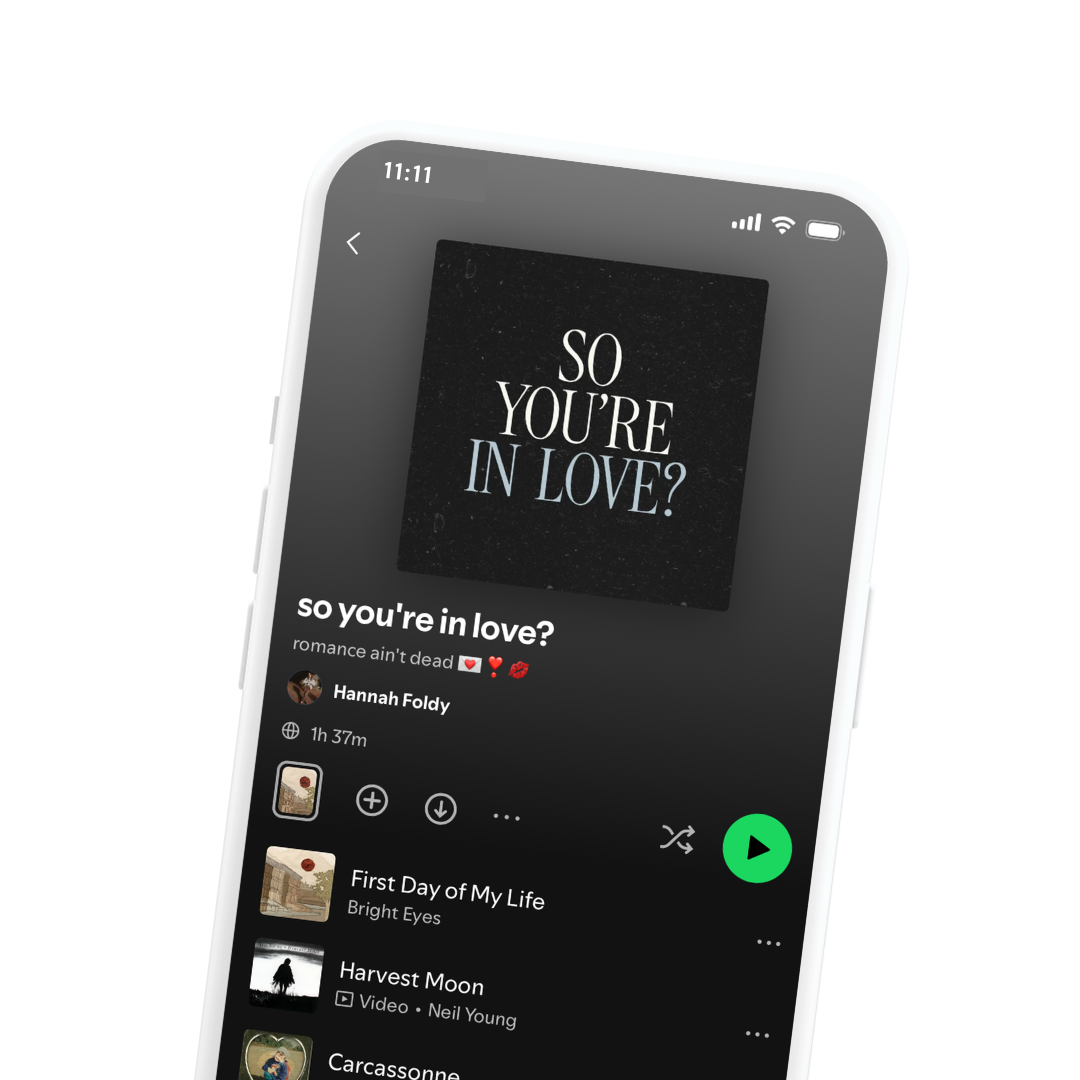 Smartphone screen showing a music playlist titled 'so you're in love?' with a black and white album cover.