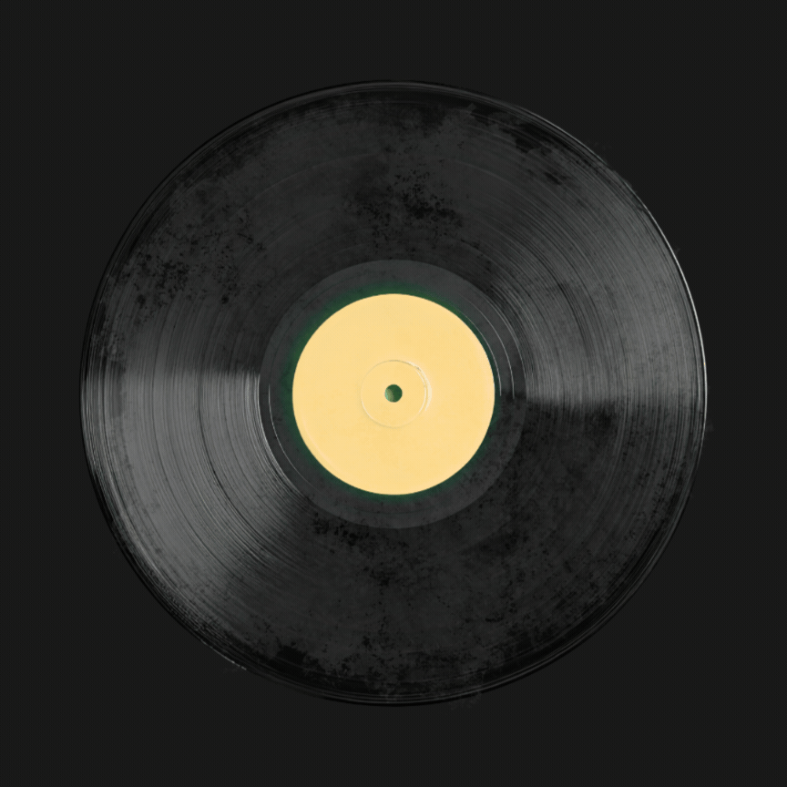 Close-up of a black vinyl record with a yellow label in the center, set against a dark background spinning.