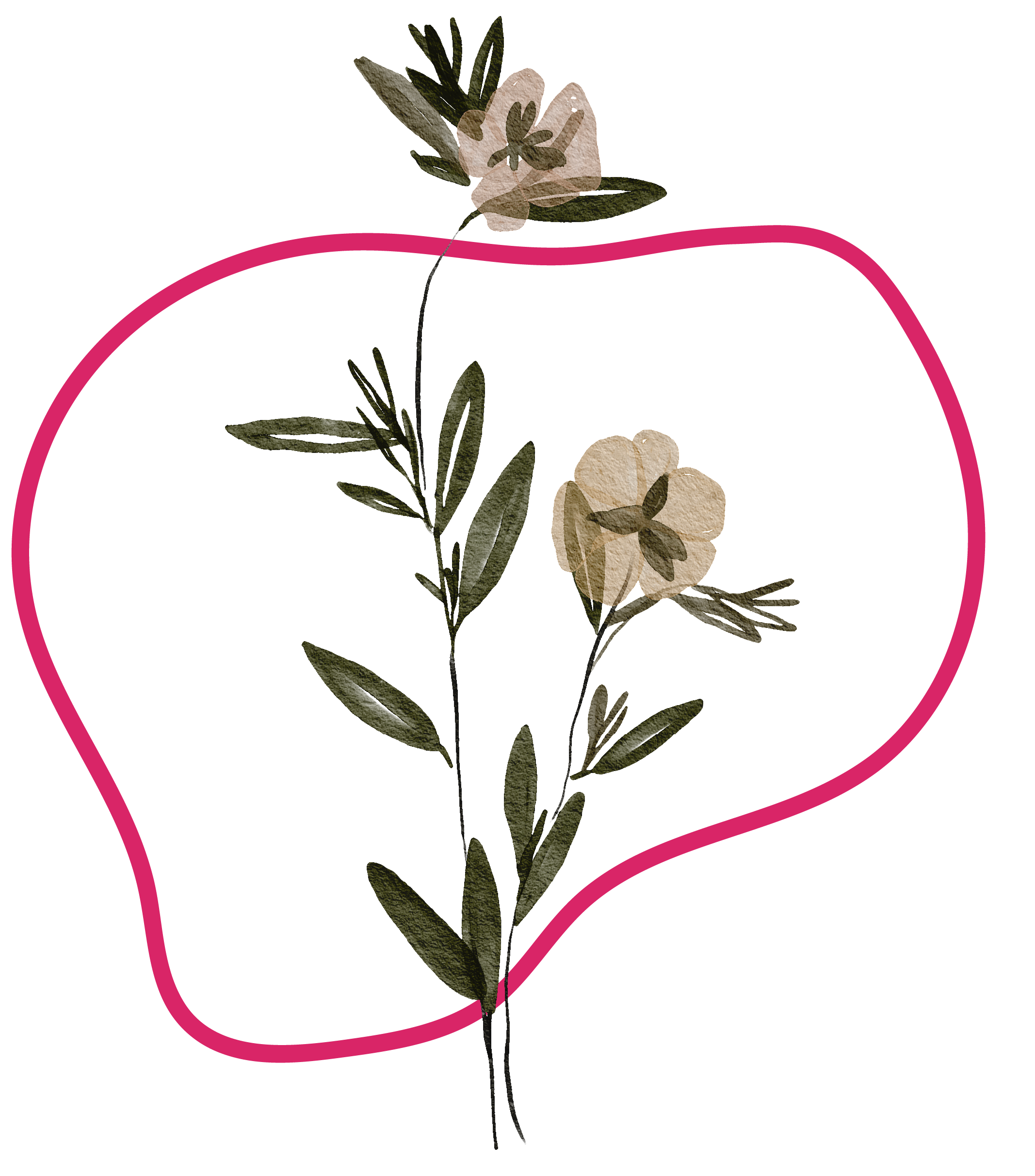 Watercolor illustration of a green leafed plant, outlined by a pink shape.