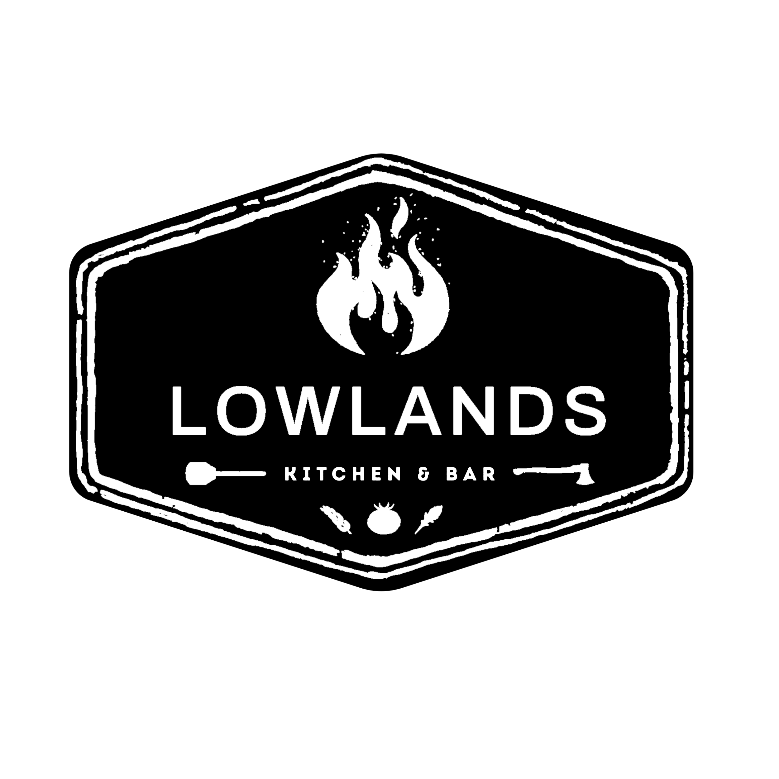 Black and white logo for Lowlands Kitchen & Bar with a stylized flame at the top and a small tomato, carrot, and onion at the bottom.
