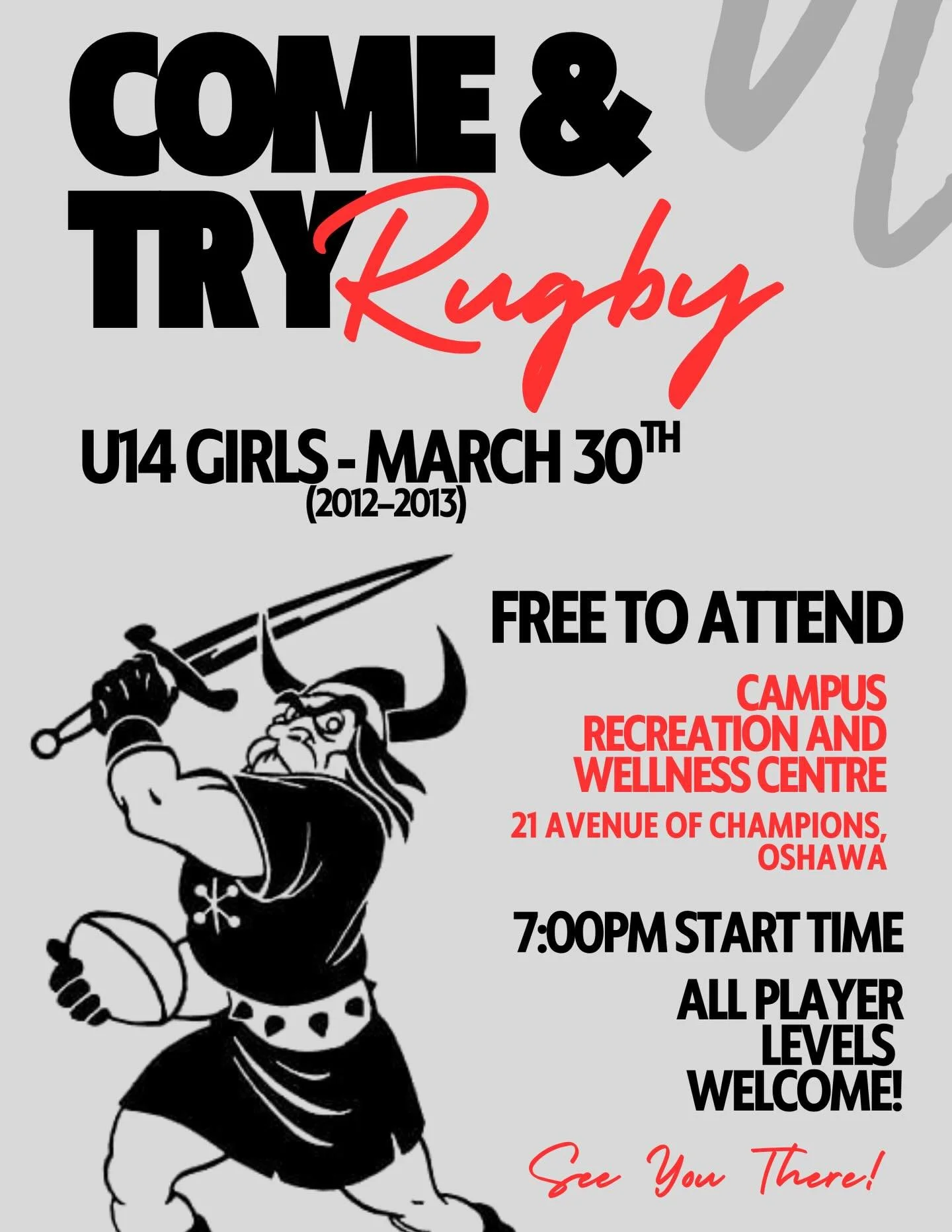 Ready to try something new?

Come out to our U14 Girls Rugby &ldquo;Come &amp; Try&rdquo; Night &mdash; no experience needed, just bring your energy 💪

📅 March 30
⏰ 7:00 PM
📍 Campus Recreation &amp; Wellness Centre, Oshawa

Free to attend. All ski