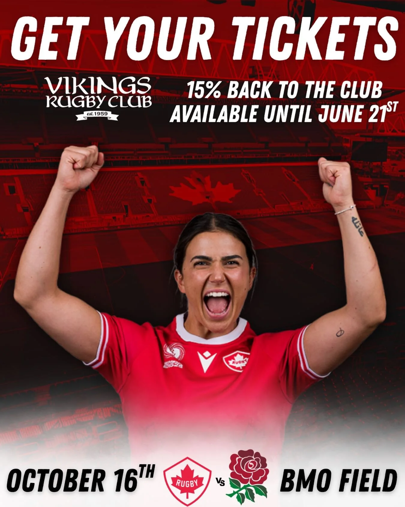 WE GOT TICKETS 🇨🇦🏉

Vikings Rugby has exclusive access to tickets for Canada Women&rsquo;s 15s vs England at BMO Field on October 16!

Even better &mdash; 15% of every ticket purchased through our club link comes directly back to the Vikings as a 