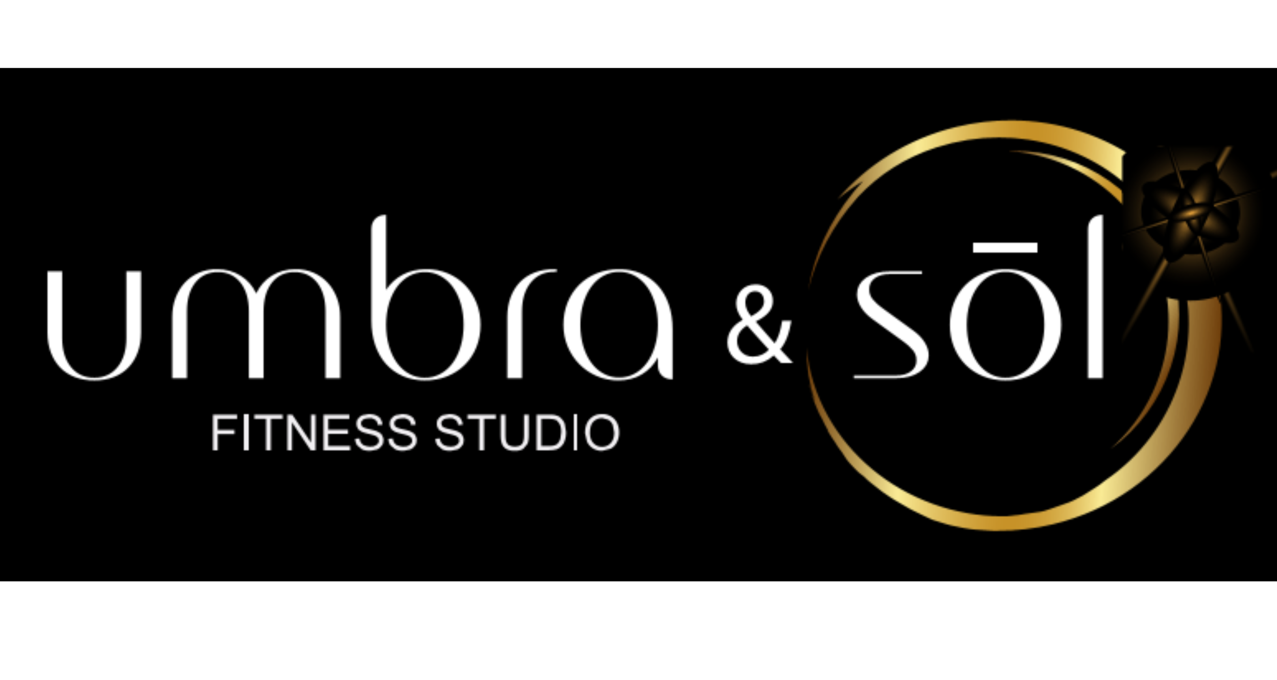 Logo for Umbra & Sol Fitness Studio with black background, white text, and gold and black circular design element.