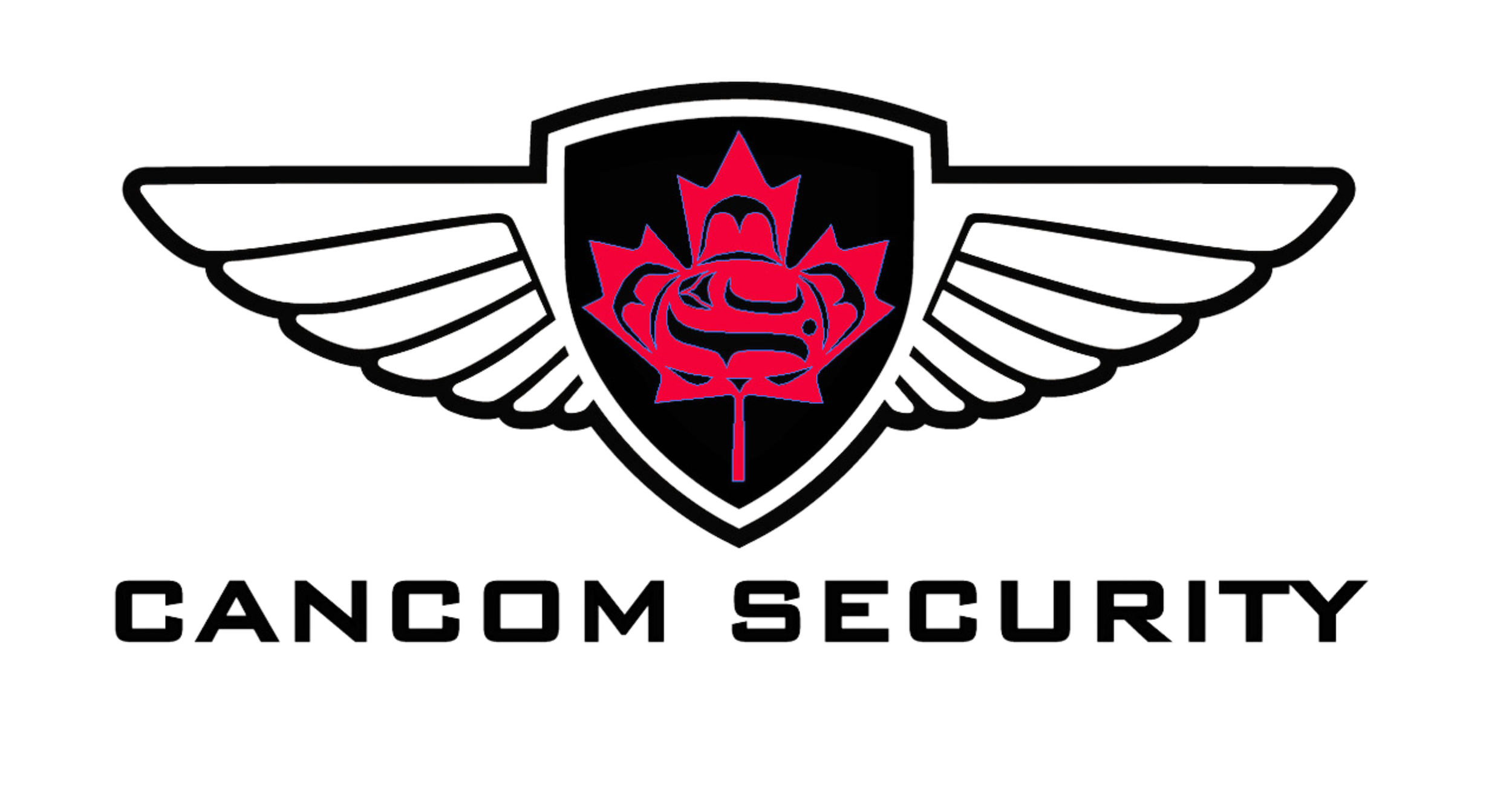 Logo for CAN COM SECURITY featuring a black shield with a red rose and a blue outline, with black wings on both sides and black text underneath that reads 'CAN COM SECURITY'.
