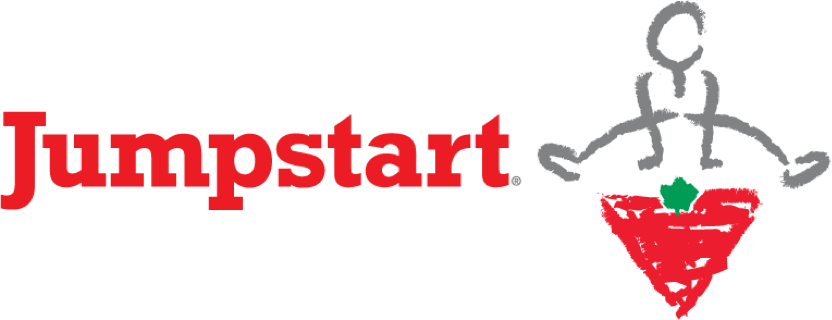 Logo for Jumpstart featuring the word "Jumpstart" in red with a stylized stick figure jumping over a red triangle with a green top.