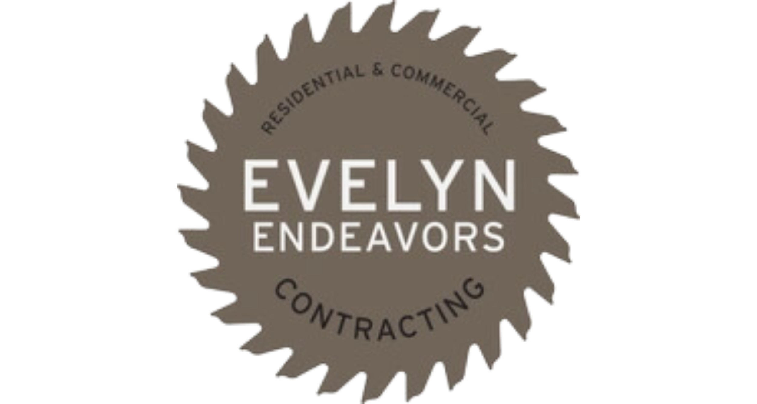 A seal or badge with a starburst shape, displaying the text "Evelyn Endeavors" in the center and "Residential & Commercial Contracting" around the perimeter.