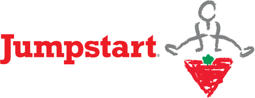 Jumpstart logo with a stylized paperclip figure of a person jumping into a red open jar or container.