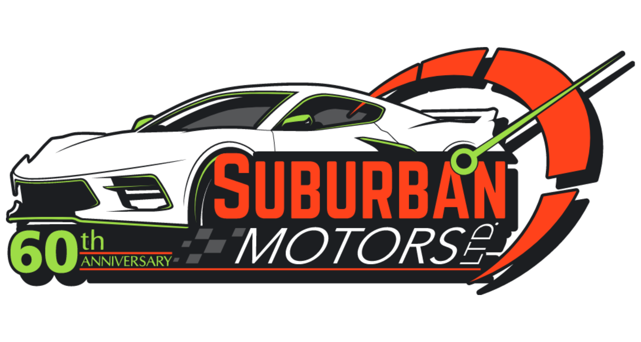 Logo celebrating the 60th anniversary of Suburban Motors, featuring a white sports car and a racing speedometer with red and green accents, and the text '60th Anniversary' and 'Suburban Motors'.