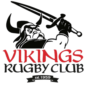 Logo of the Vikings Rugby Club featuring a Viking warrior with a long beard and helmet wielding a sword, with a shield in the background, and the text 'VIKINGS RUGBY CLUB' underneath.