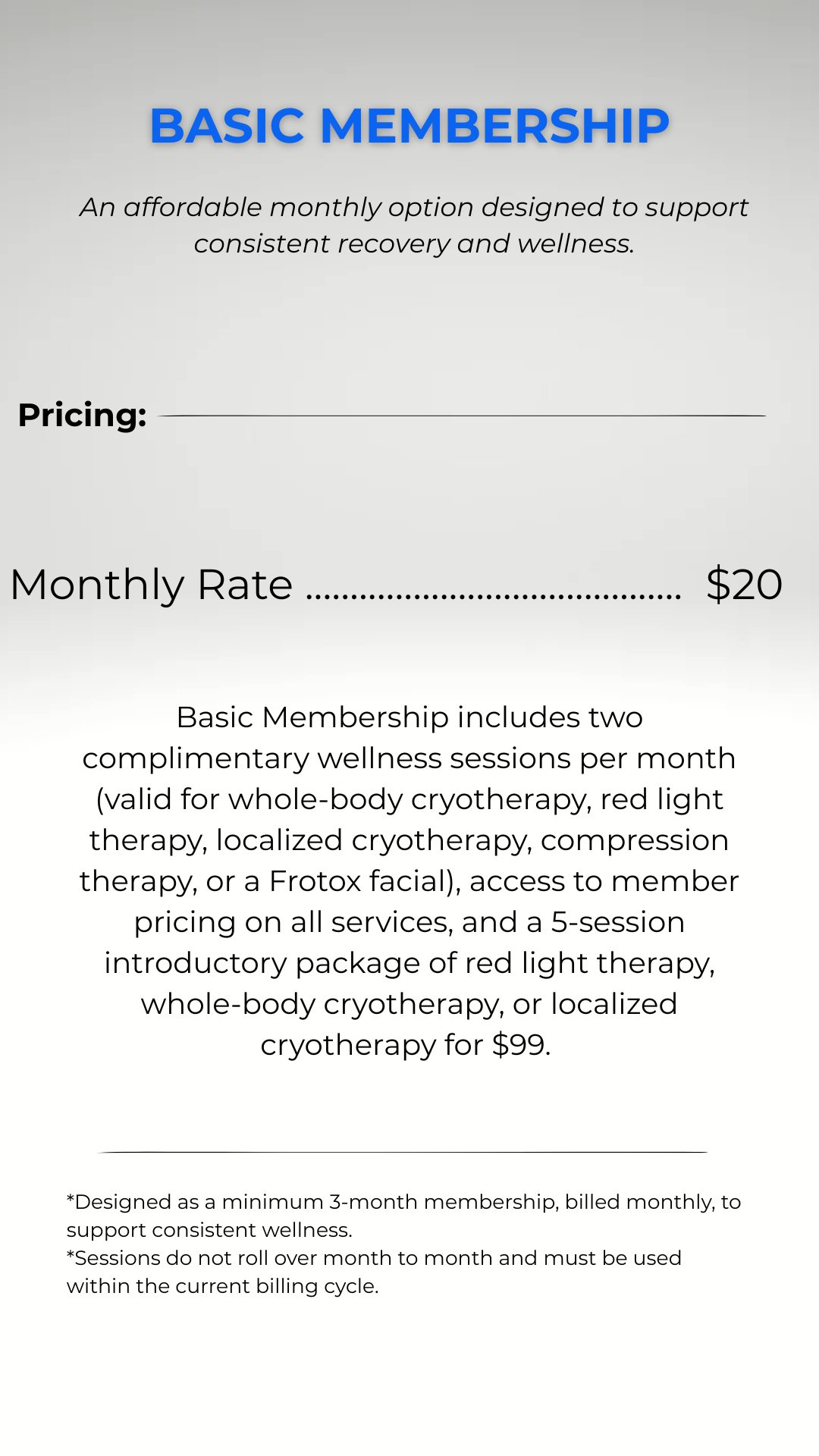 Information about a Basic Membership plan costing $20 per month, including details of services, pricing, bonus points, and conditions.
