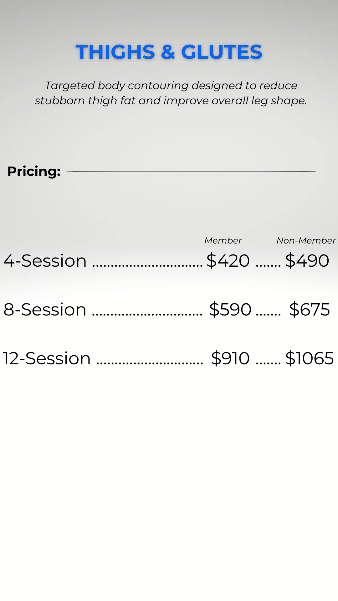 Pricing chart for Thighs & Glutes targeted body contouring sessions, showing prices for 4, 8, and 12 sessions, with different rates for members and non-members.