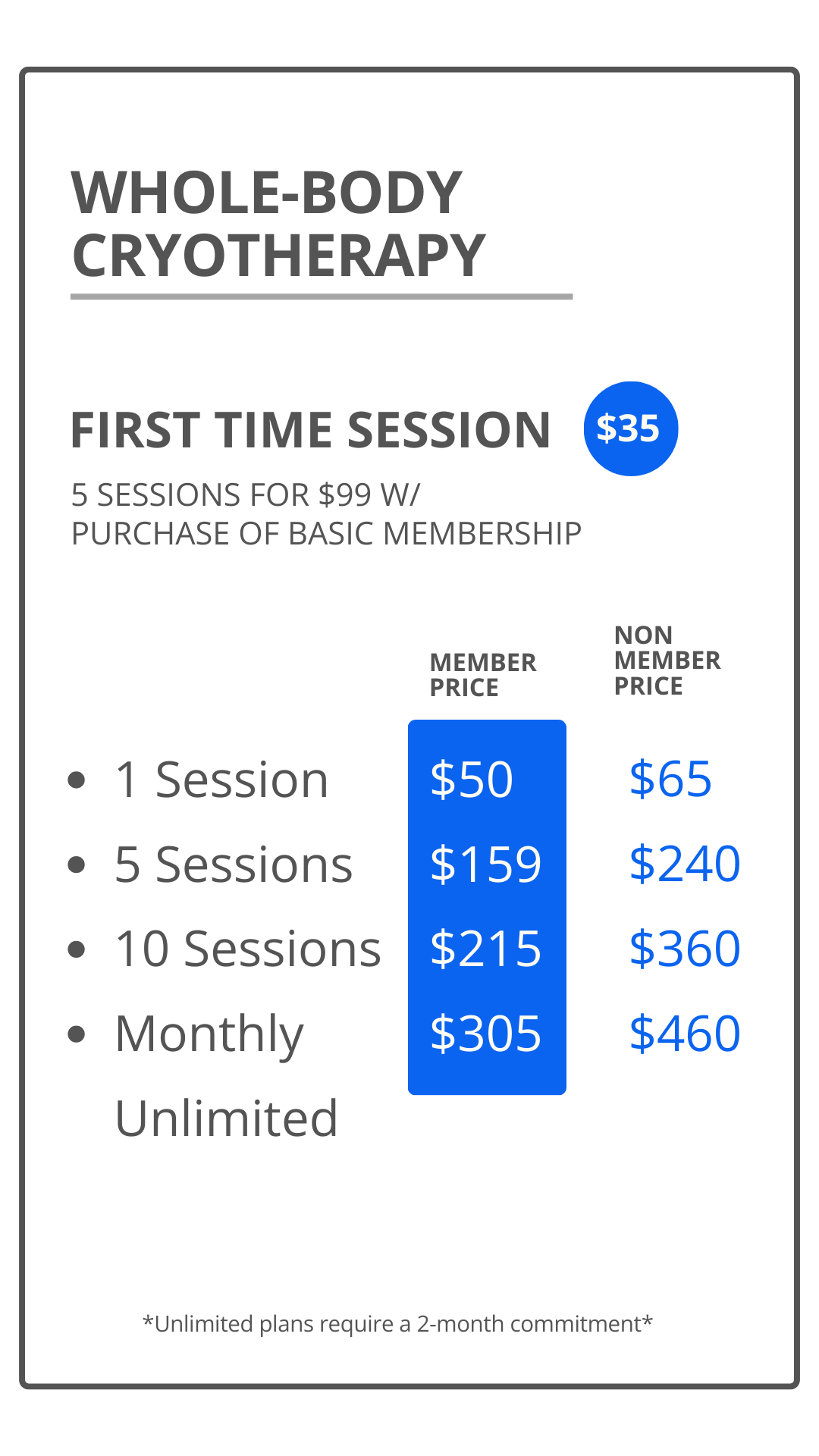 Pricing chart for Whole-Body Cryotherapy first-time sessions. Prices vary by package, with member and non-member rates. Starting at $50 for one session for members and $65 for non-members. Packages include 5, 10, monthly, and unlimited sessions.