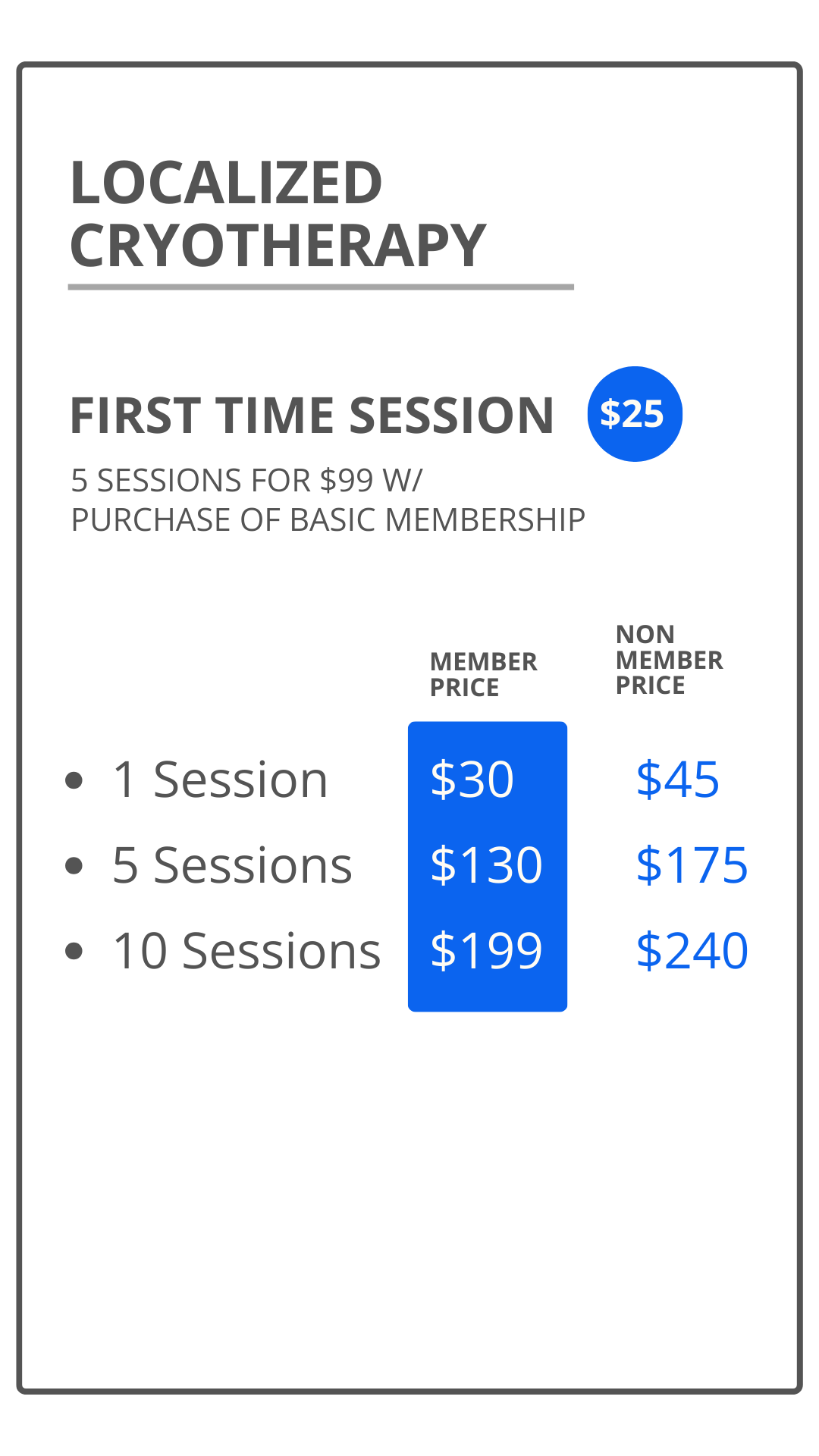 Pricing information for localized cryotherapy first-time sessions, including options for 1, 5, and 10 sessions with member and non-member prices.