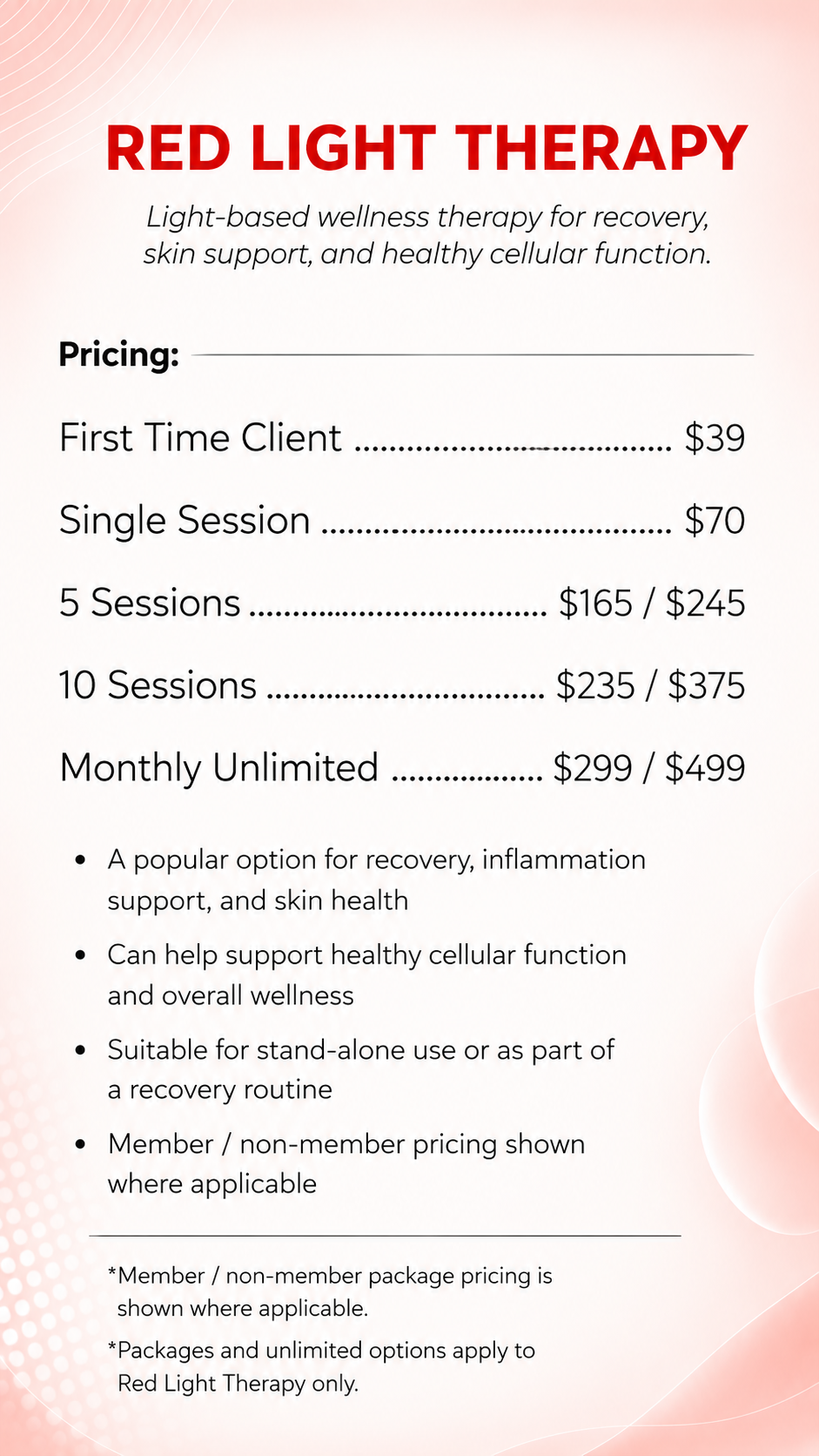 Price list for red light therapy sessions with options for 5-session, 10-session, and monthly unlimited plans, including a first-time client offer of $35 for one session.