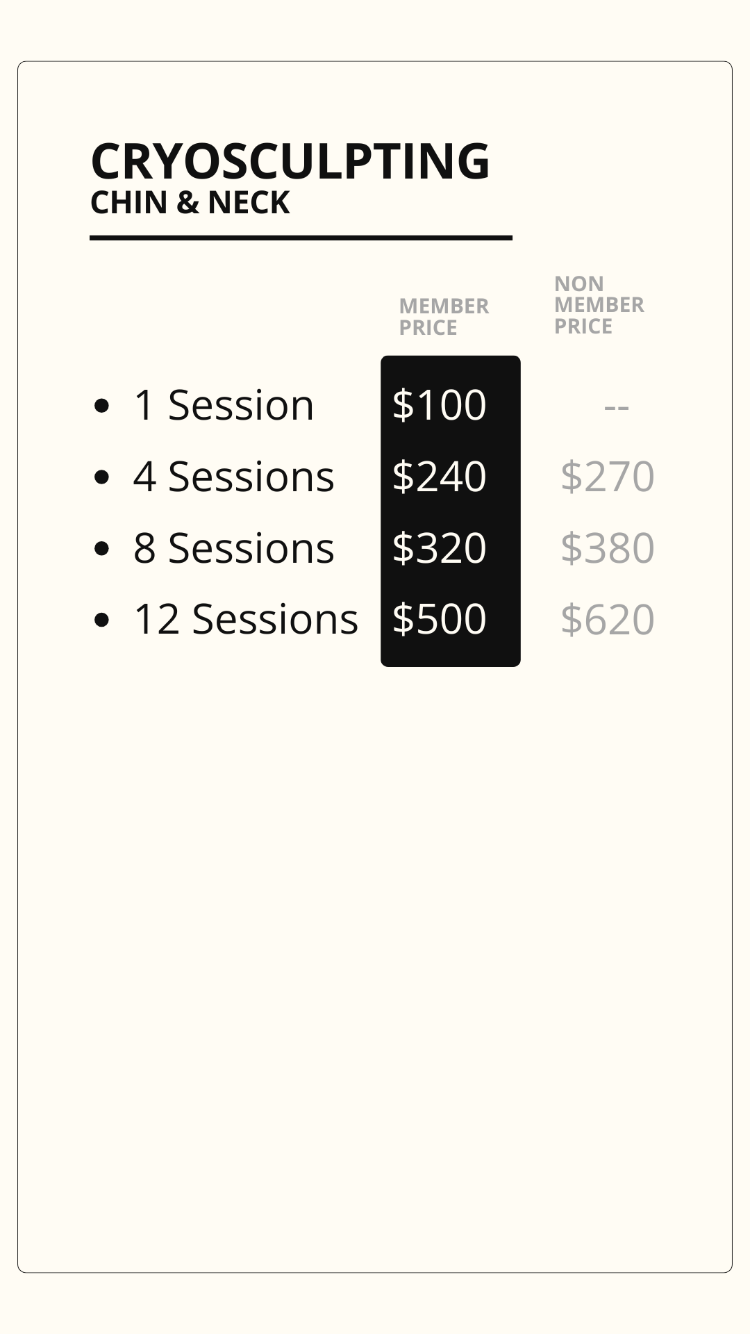 Pricing chart for cryosculpting chin and neck treatments showing prices for different session packages, with discounted member prices and non-member prices listed.
