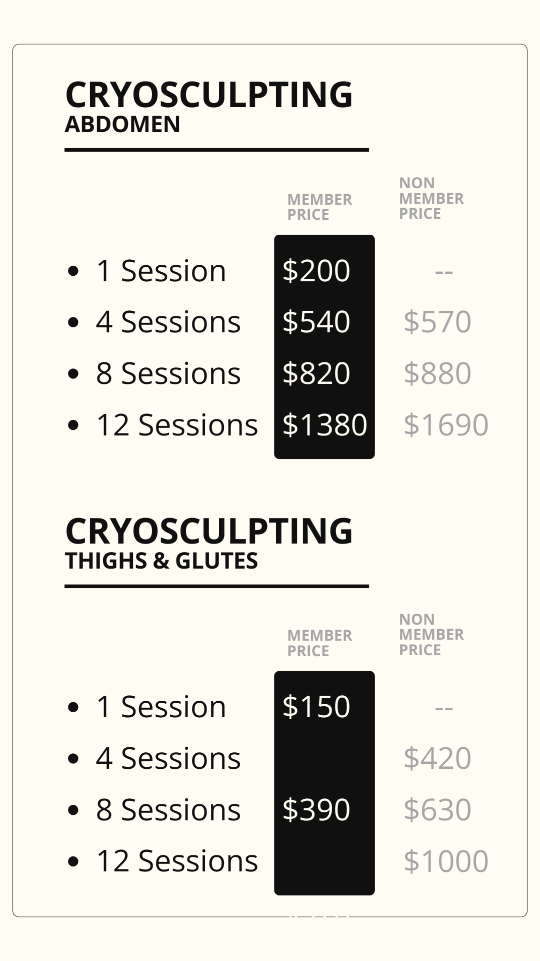 Price chart for cryosculpting services for abdomen and thighs & glutes, listing member and non-member prices for different session packages.
