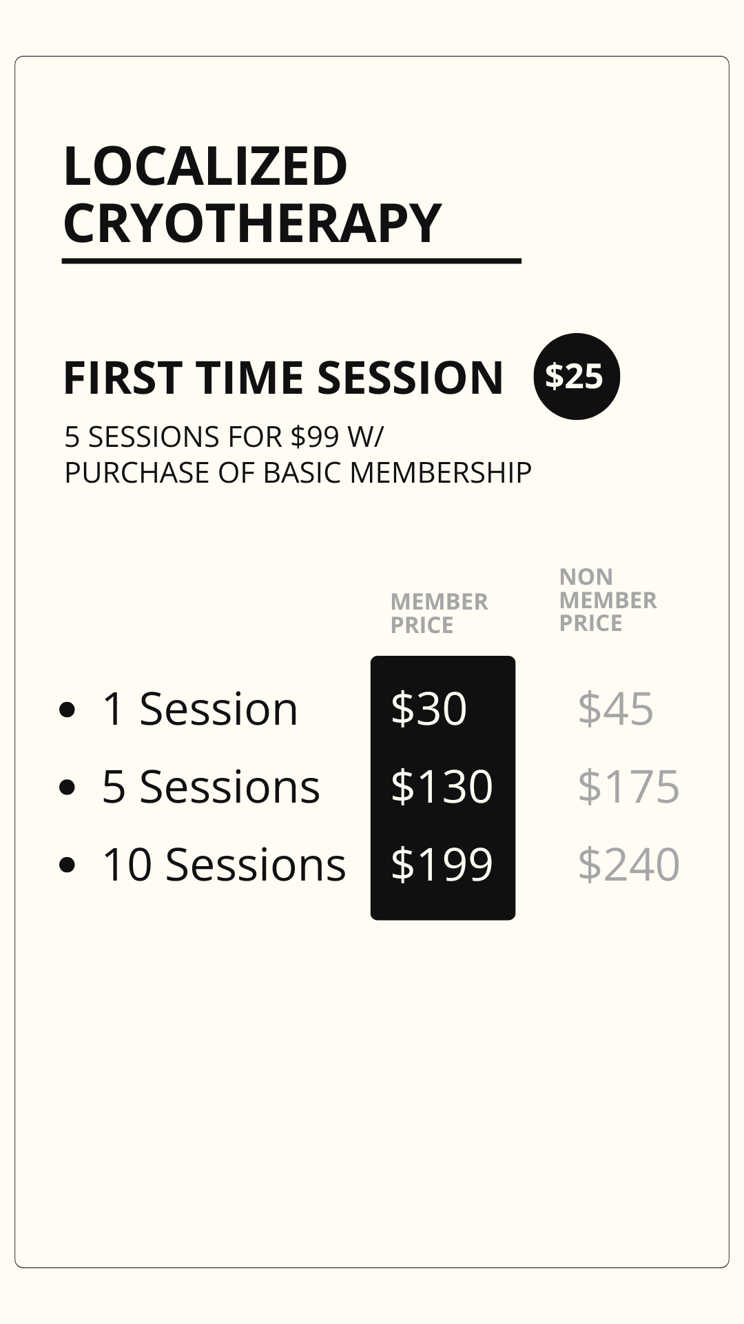 Pricing and membership options for localized cryotherapy sessions, including single, 5, and 10 session packages with member and non-member prices.