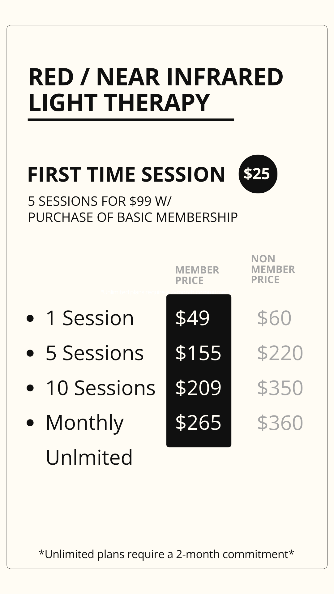 Pricing menu for red/near infrared light therapy sessions, offering different packages including single, multiple, monthly, and unlimited options with prices for members and non-members.